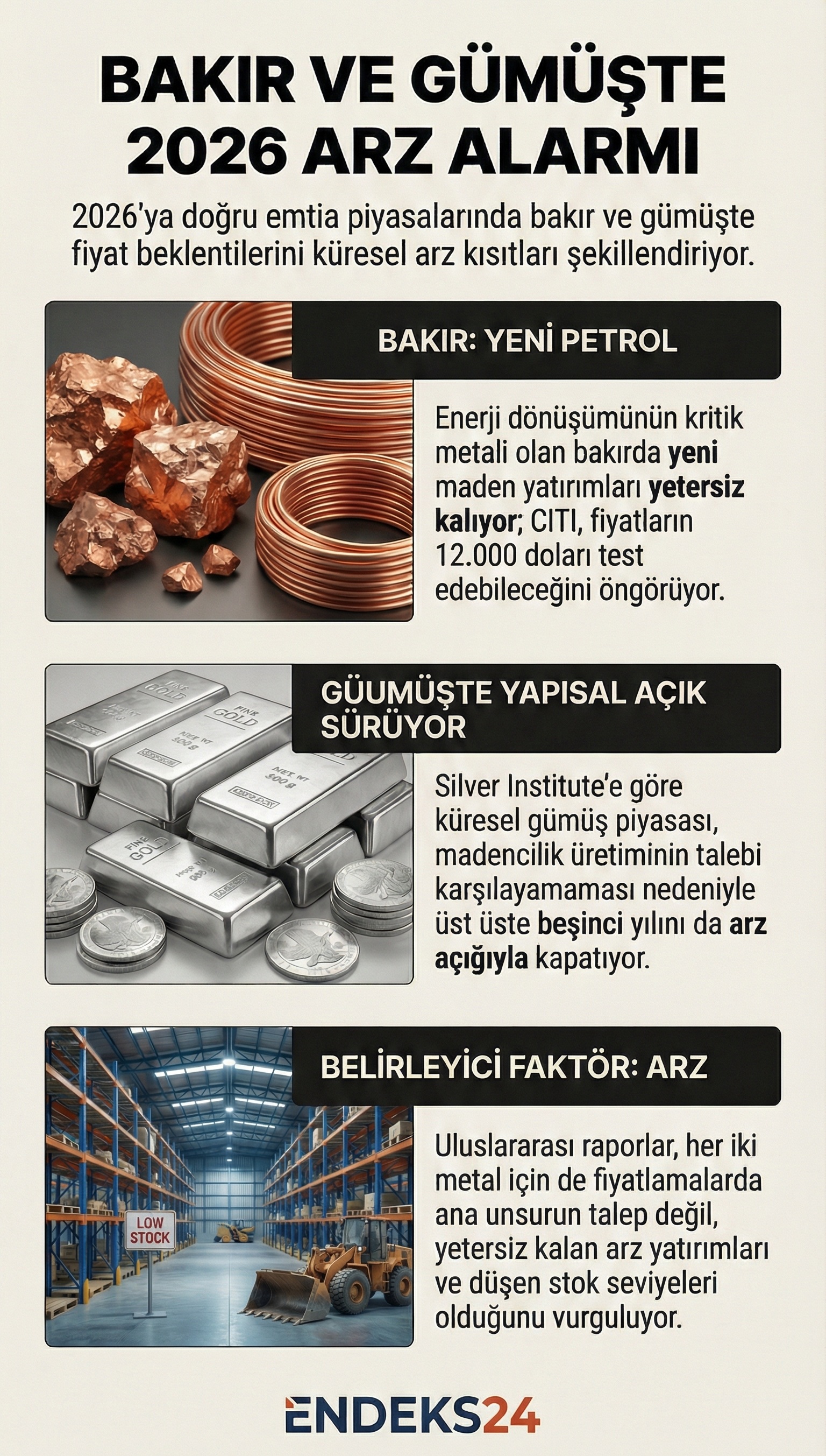 2026 yılında bakır ve gümüş piyasalarında arz kısıtları, stok seviyeleri ve banka raporlarının öne çıktığını gösteren özet infografik.