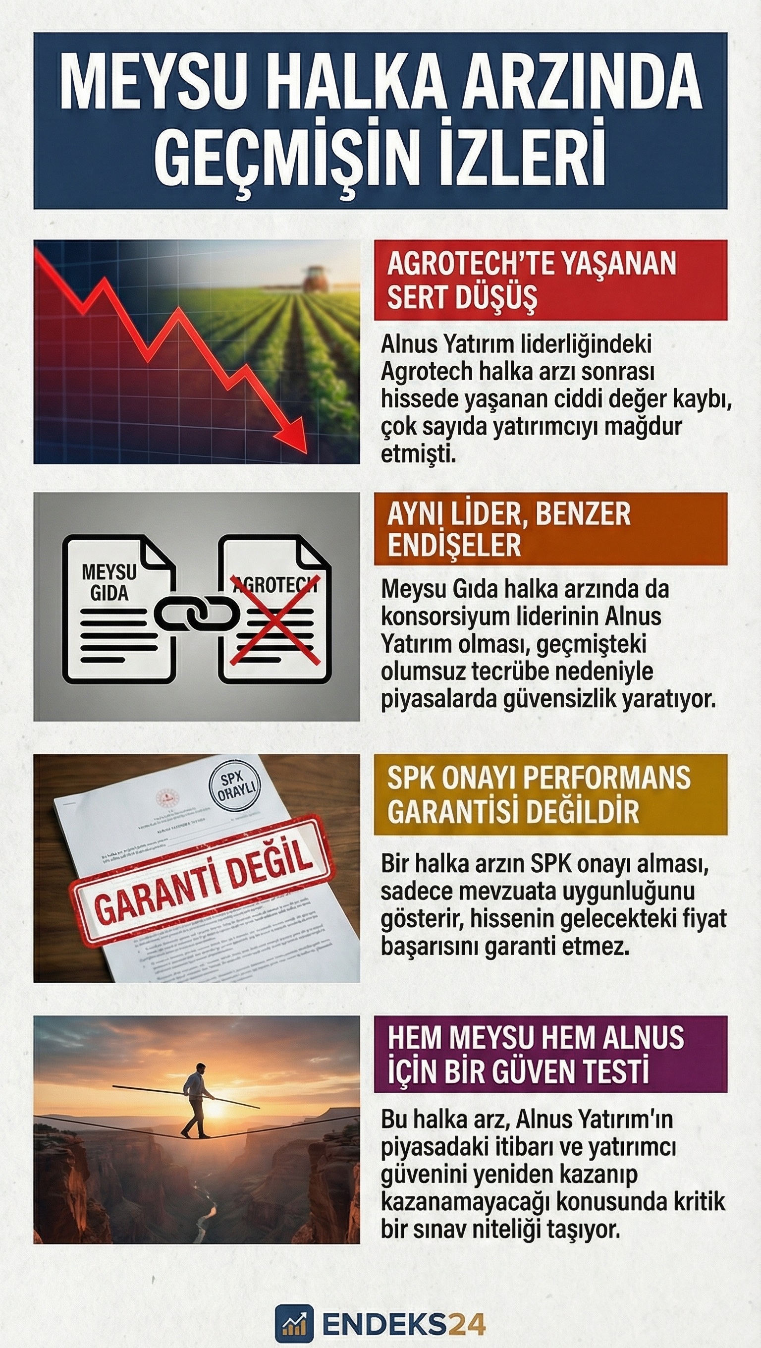 Meysu halka arzında konsorsiyum lideri olan Alnus Yatırım, geçmişte Agrotech halka arzı sonrası yaşanan sert değer kaybı nedeniyle yatırımcıların radarında yer alırken, yeni süreç temkinli şekilde takip ediliyor.