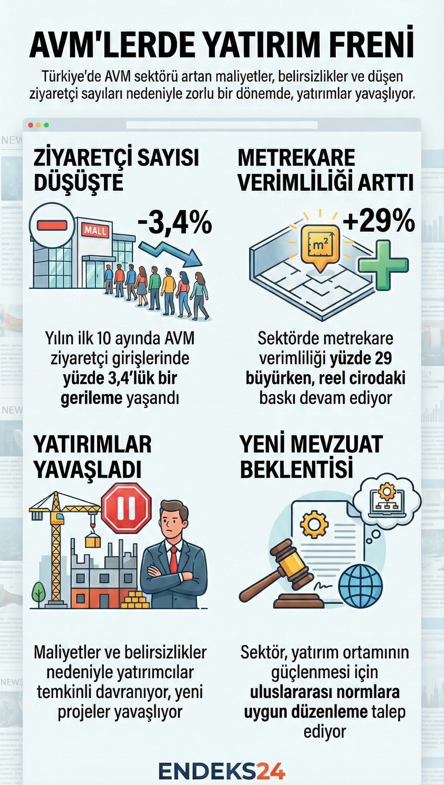AVM sektöründe artan maliyetler, düzenleme belirsizlikleri ve ziyaretçi verilerindeki değişim özetlenmiştir.