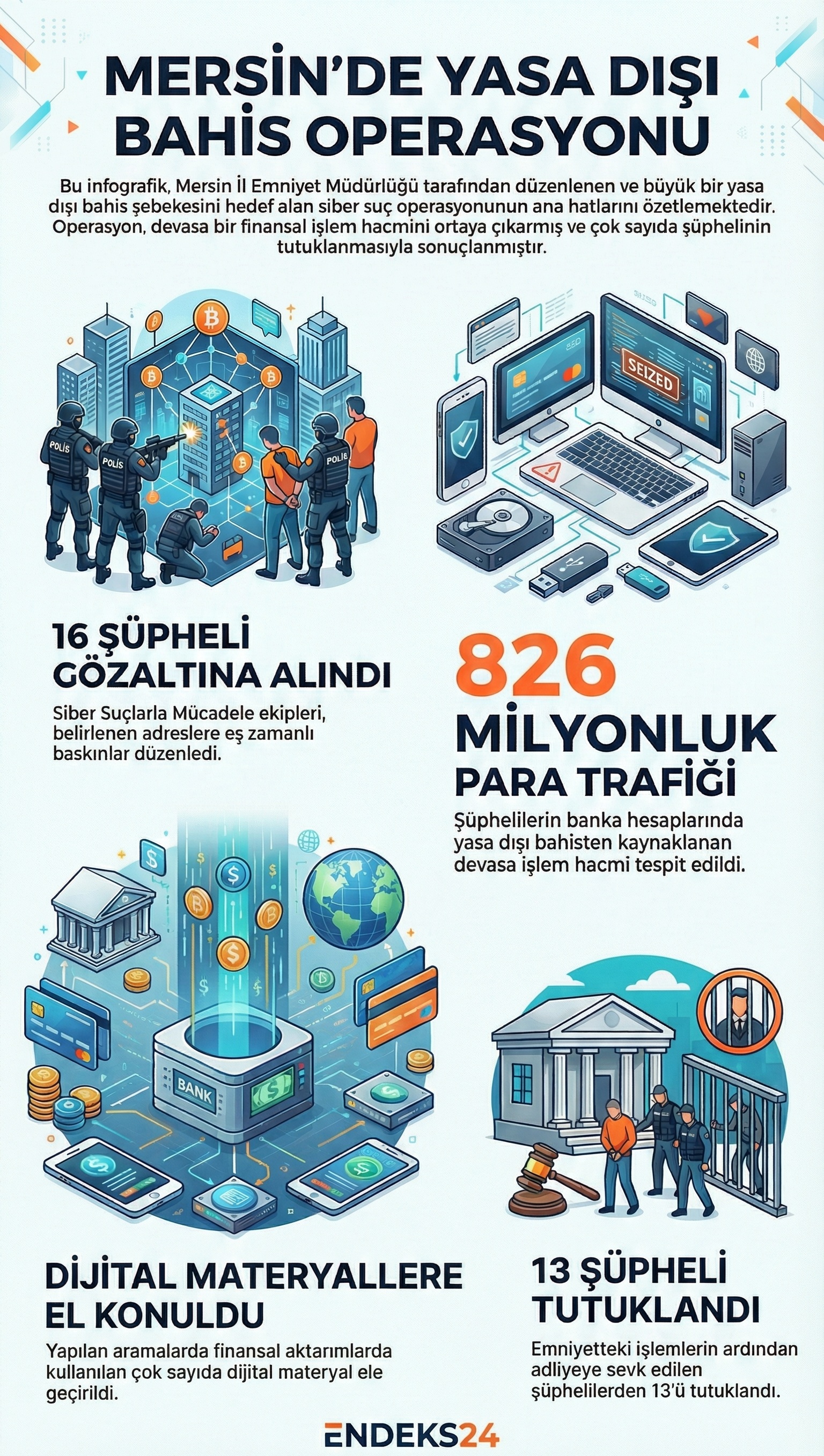 Mersin İl Emniyet Müdürlüğü’nün yasa dışı bahis ağına yönelik operasyonunda 826 milyon lirayı aşan finansal işlem trafiği ve gözaltı sürecine ilişkin veriler infografikte gösteriliyor.