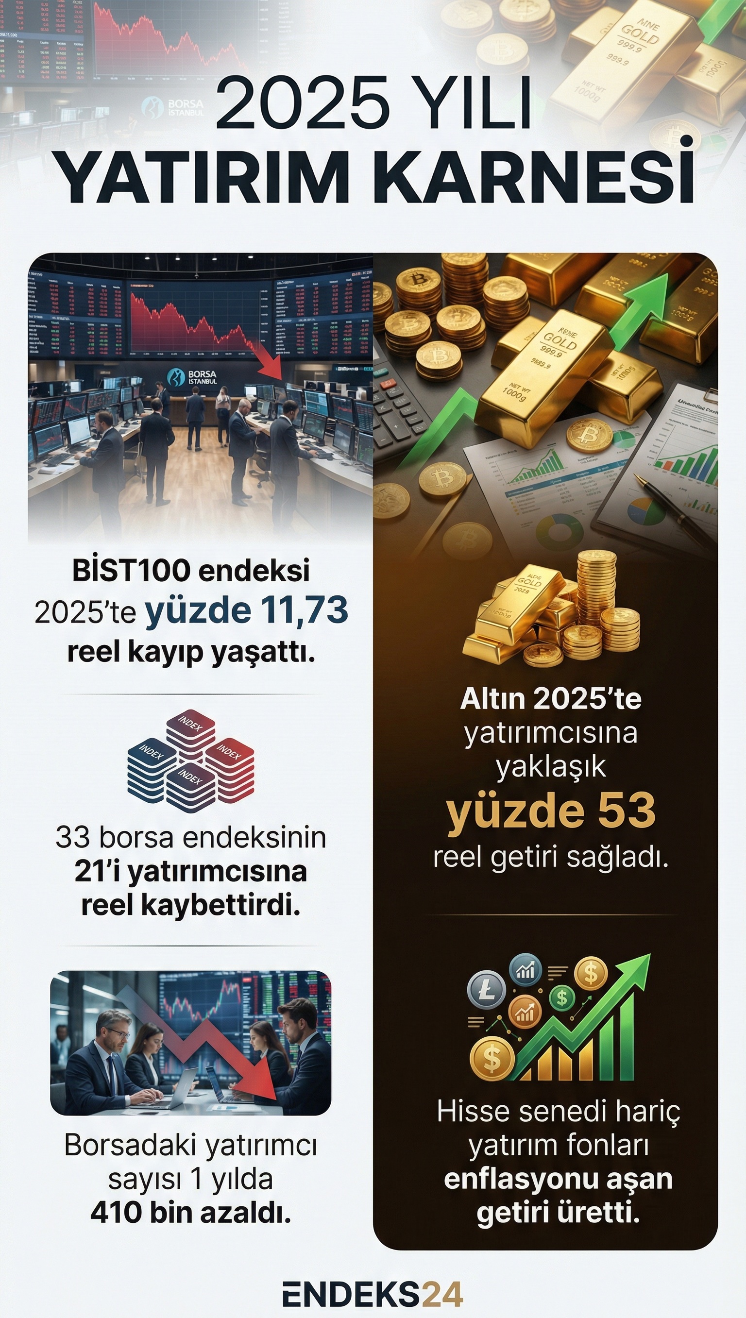 Borsa İstanbul endekslerinin 2025 yılı reel performans dağılımı ve yatırımcı sayısındaki değişimi gösteren grafik.