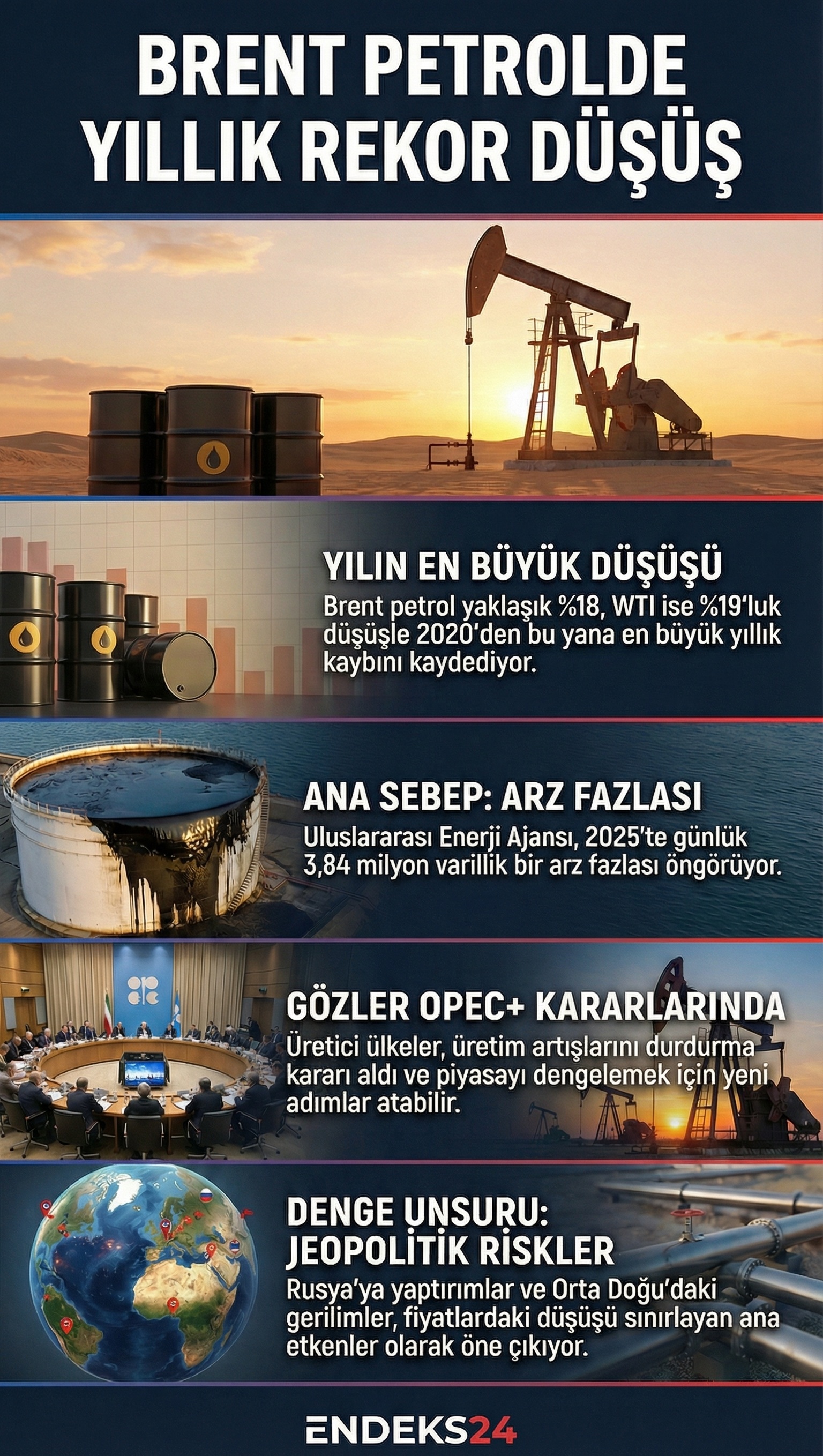2026 yılına girerken Brent petrol fiyatları, OPEC+ üretim kararları ve küresel arz fazlası beklentileriyle baskı altında seyrediyor.