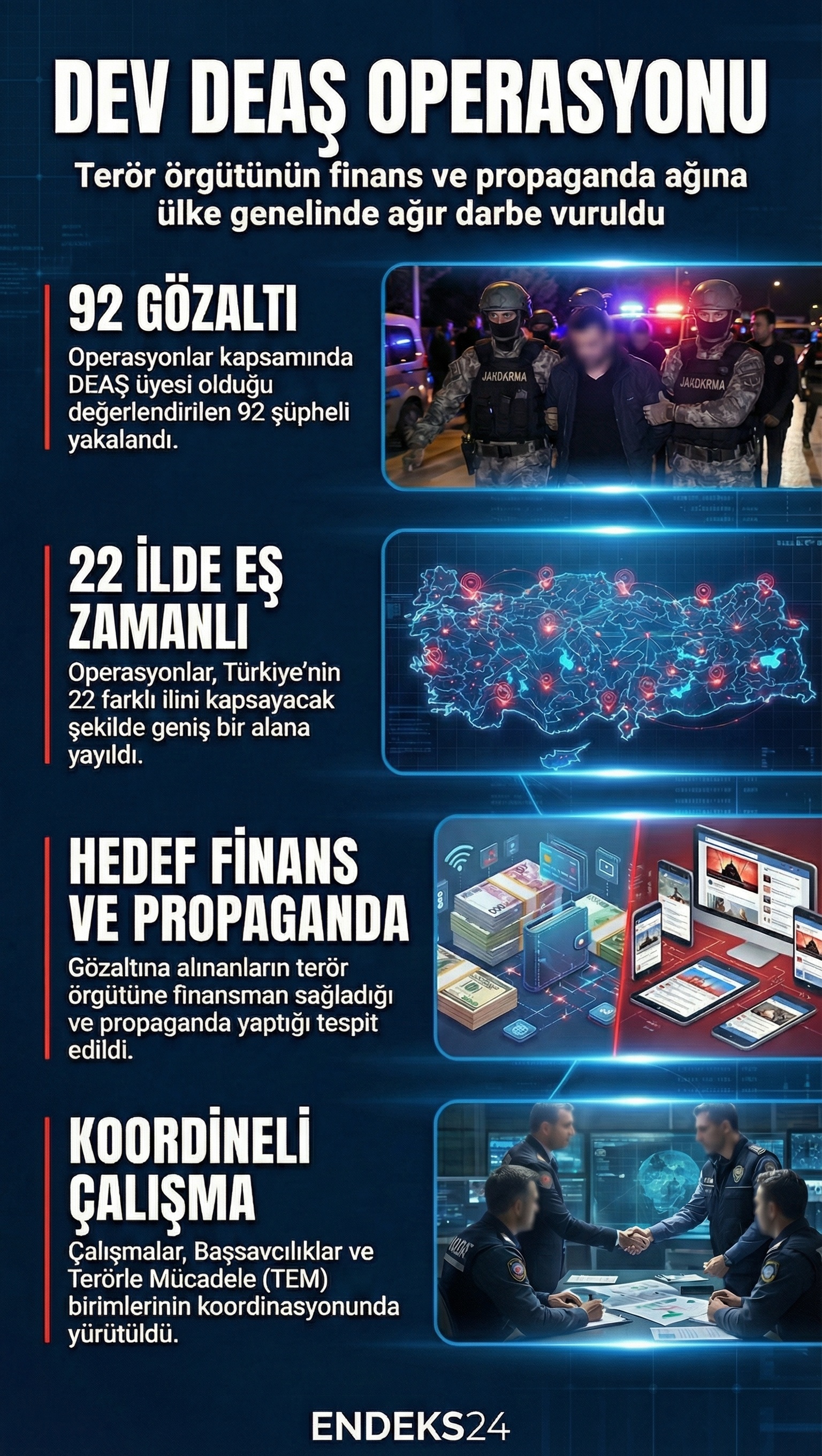 22 ilde DEAŞ’a yönelik operasyonlarda finans ve propaganda faaliyetleriyle ilişkilendirilen 92 şüphelinin yakalanmasına dair resmi açıklamanın ana verilerini özetler.