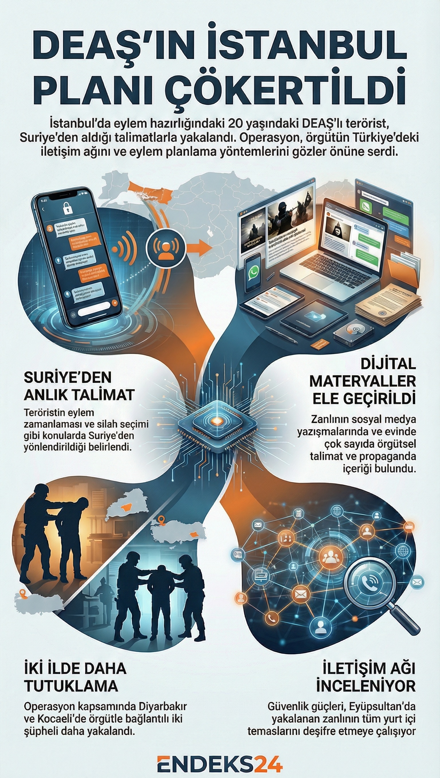 DEAŞ operasyonunda yakalanan şüphelinin dijital yazışmalarındaki örgütsel yönlendirme aşamaları kronolojik biçimde gösteriliyor.