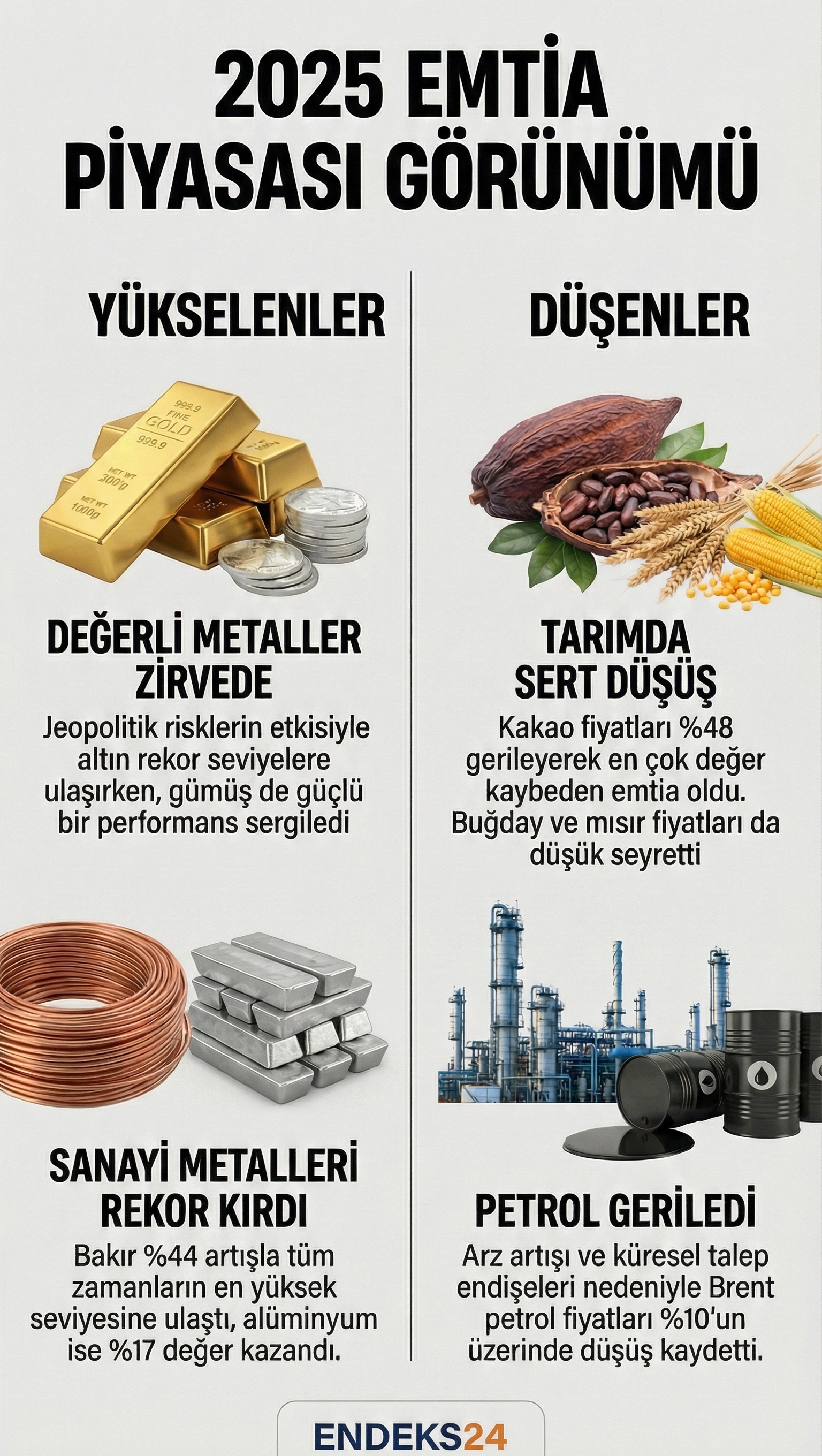 A1 Capital değerlendirmesine göre 2025 yılında emtia piyasalarında metal, enerji ve tarım ürünlerinin performans görünümü.