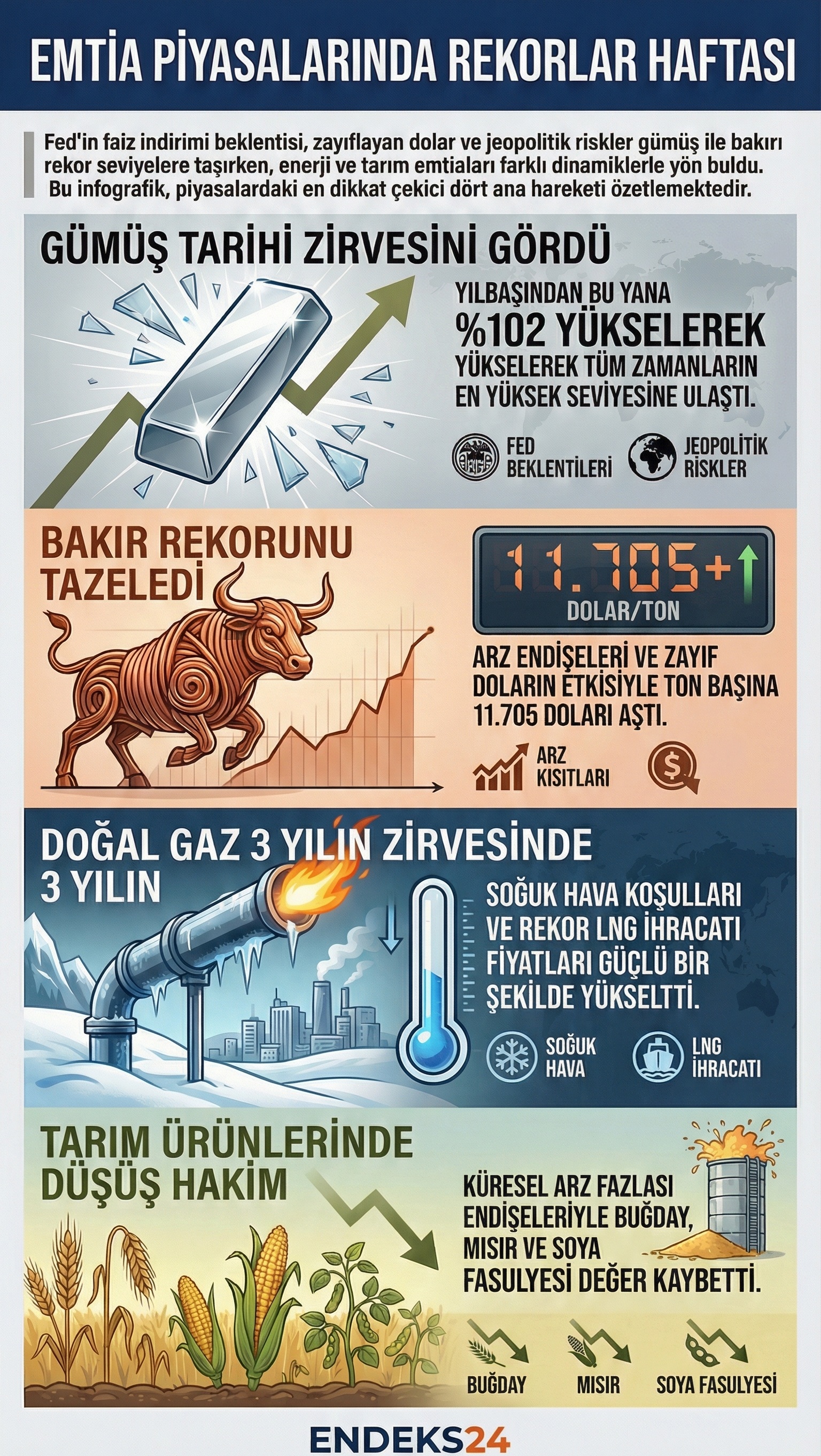 Fed verileri, dolar endeksi ve arz koşullarının emtia fiyatları üzerindeki haftalık değişimlerini gösteren tablo.