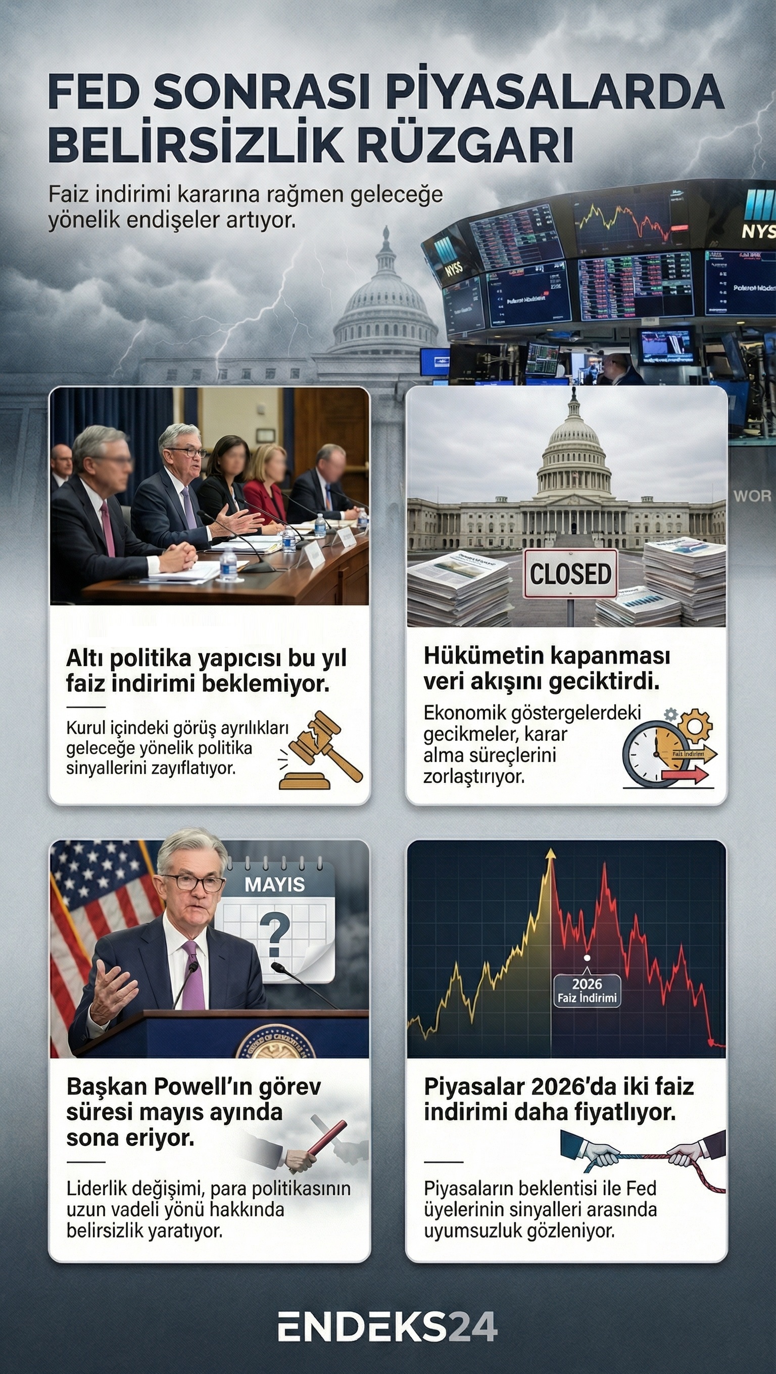 Fed’in ardışık faiz indirimleri sonrası para politikasında belirsizlik yaratan enflasyon eğilimleri, veri gecikmeleri ve yaklaşan liderlik değişiminin piyasa değerlendirmelerine etkisini özetler.