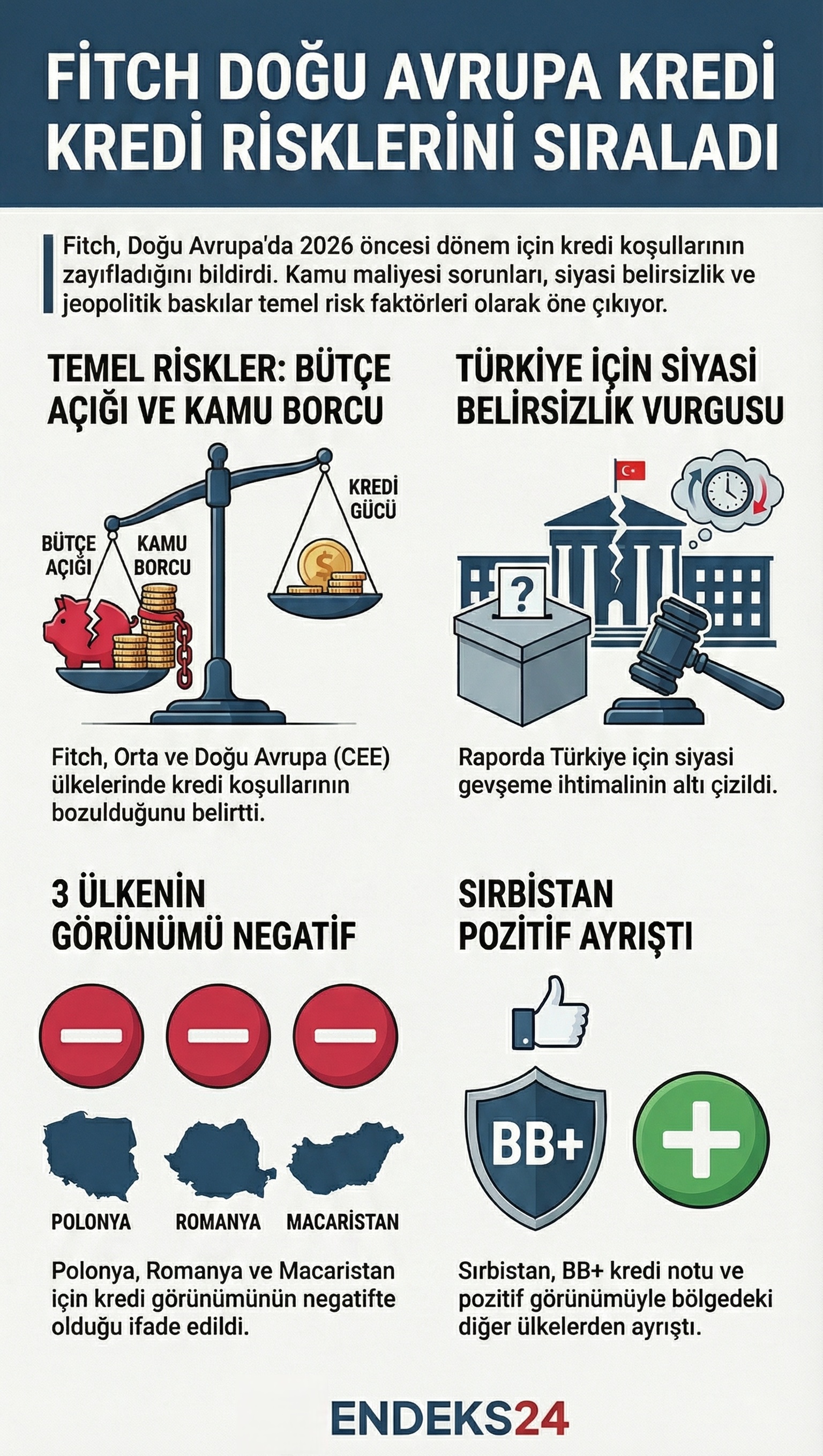 Fitch’in Doğu Avrupa ve Türkiye için kredi koşullarına ilişkin raporunda yer alan mali göstergeler, siyasi riskler ve ülke görünümlerine dair temel bulgular.