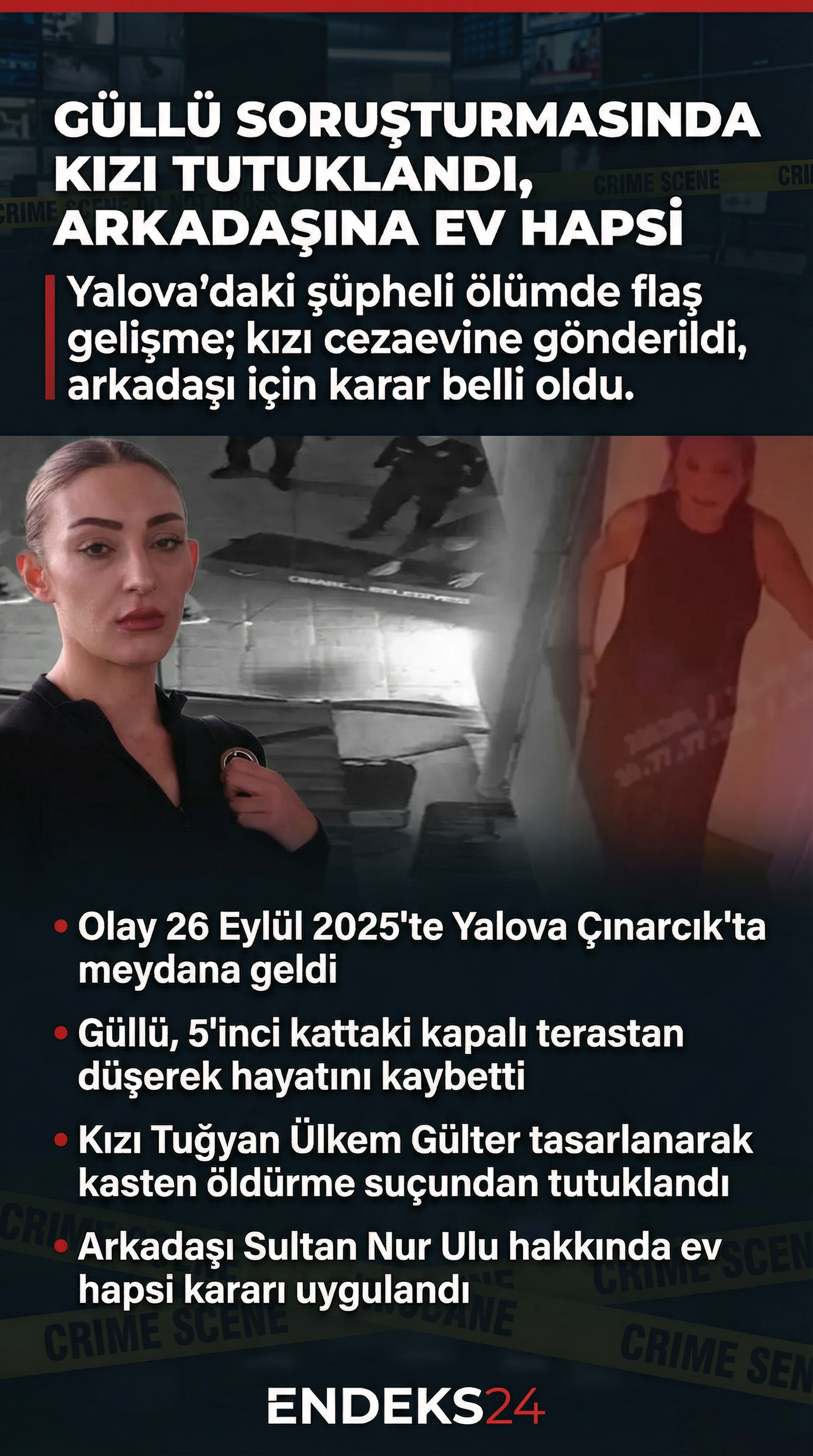 Yalova’da şarkıcı Güllü’nün ölümüne ilişkin soruşturmada kızı Tuğyan Ülkem Gülter tutuklandı, olay günü evde bulunan arkadaşına ev hapsi verildi.