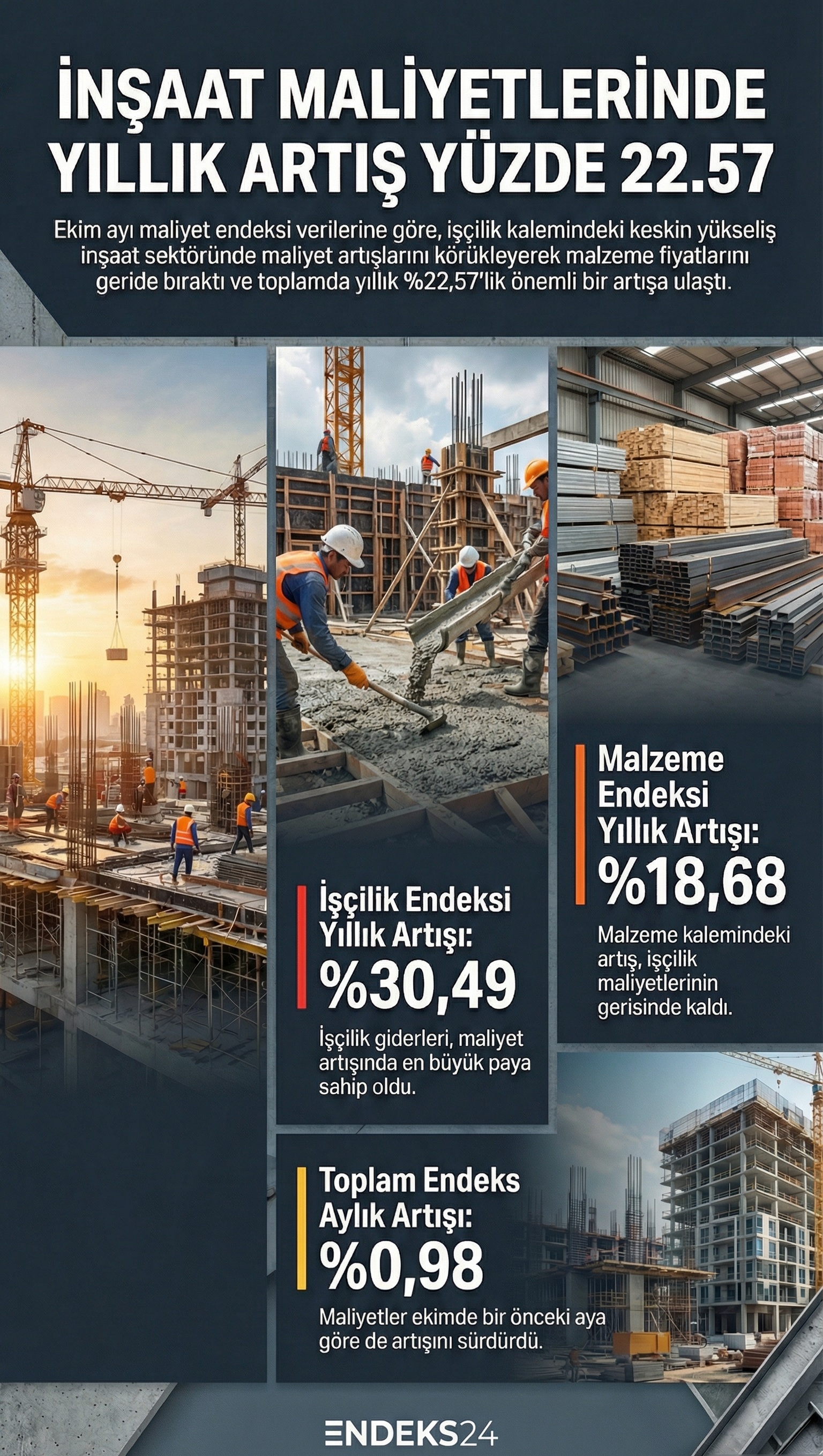 Ekim ayında inşaat maliyet endeksi ile malzeme ve işçilik bileşenlerinde gerçekleşen aylık ve yıllık değişim oranlarını gösteren özet tablo.