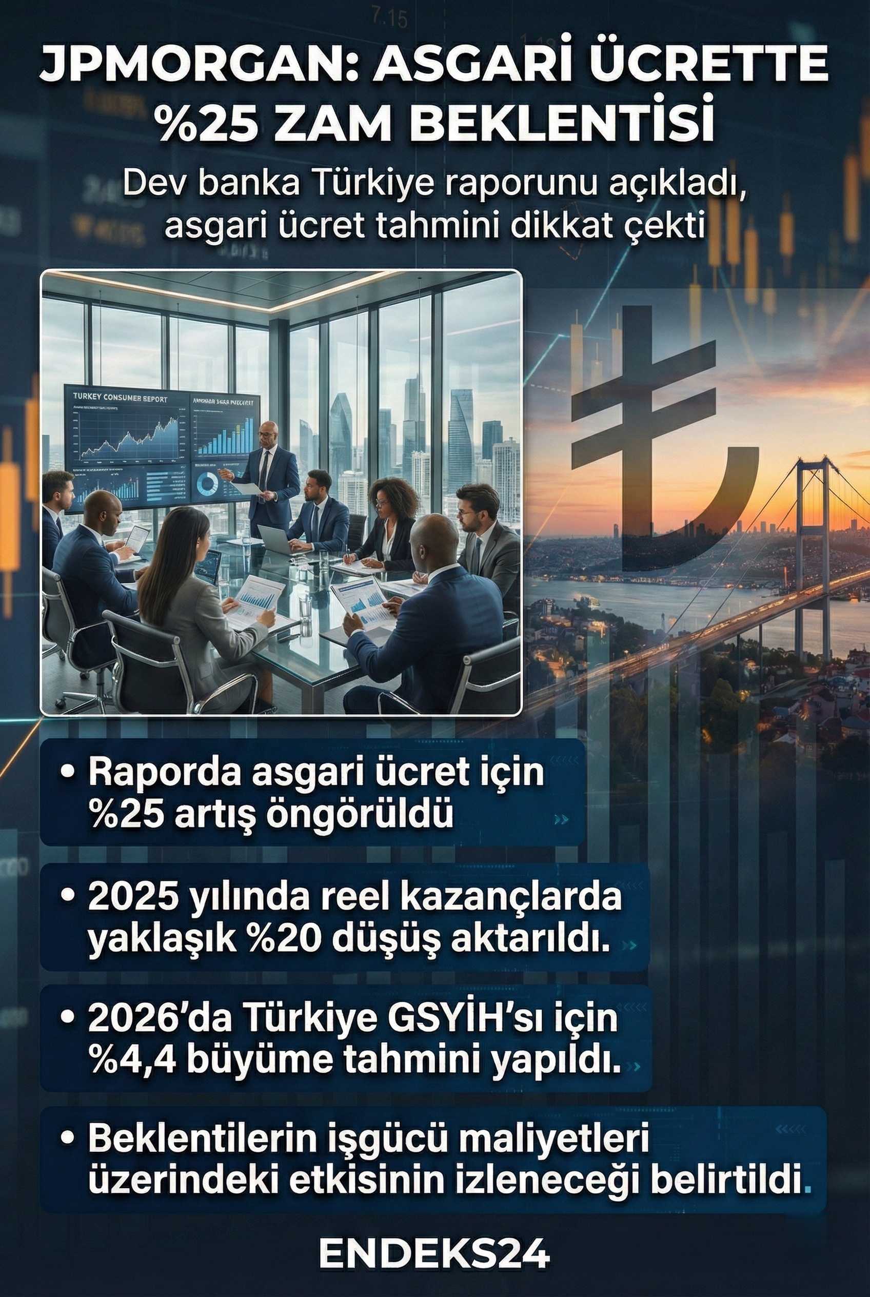 JPMorgan raporunda Türkiye için 2026 büyüme tahmini ve asgari ücrette yüzde 25 artış beklentisine ilişkin veriler yer alıyor.