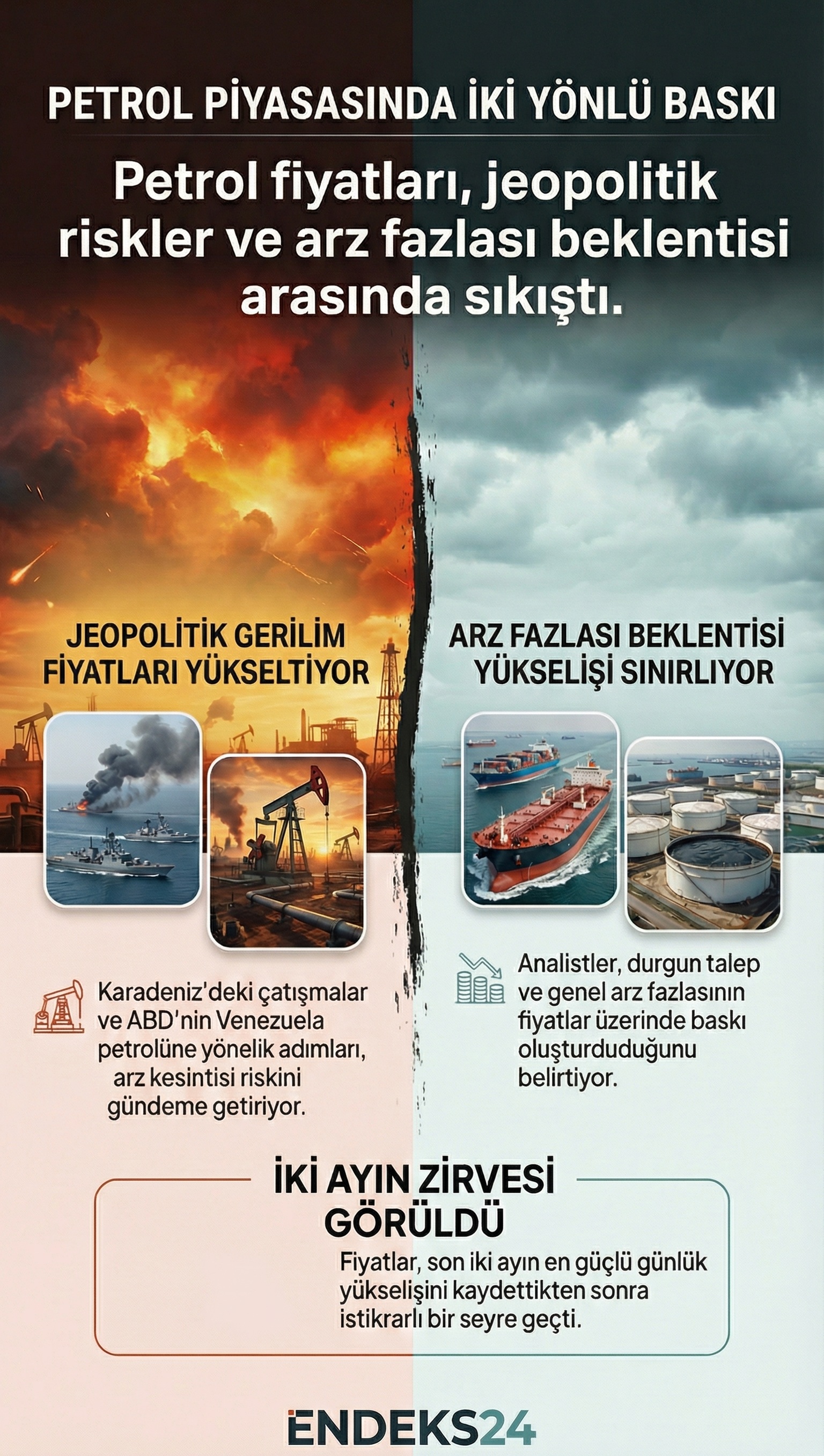 Brent ve WTI petrol fiyatlarının son işlemlerini ve arz kaynaklı gelişmeleri özetleyen grafik.