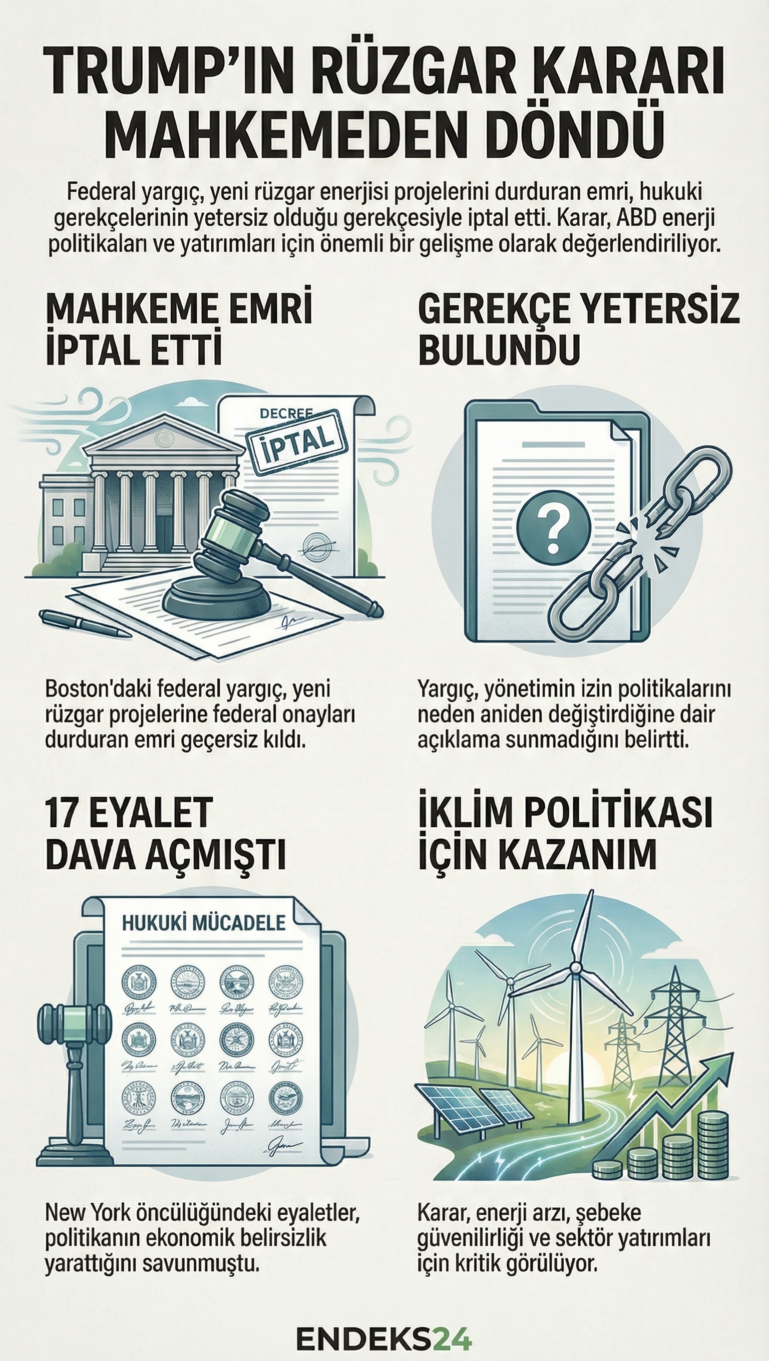 Trump yönetiminin rüzgar enerjisi projelerine yönelik federal durdurma emrinin mahkeme tarafından iptal edilmesine ilişkin temel hukuki bulgular ve süreç bilgileri.