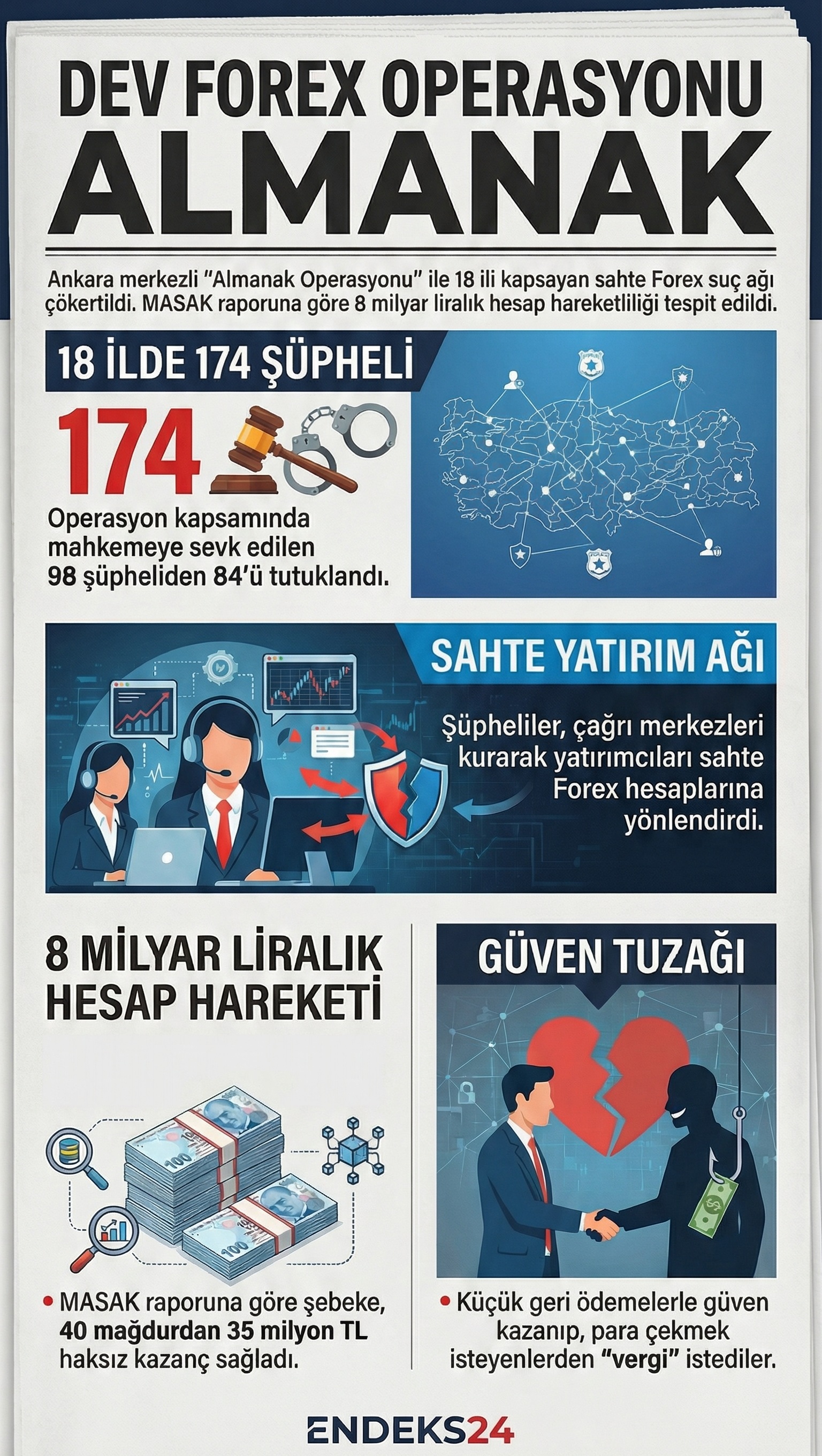 Sahte forex ağı soruşturmasında tespit edilen 117 hesapta yaklaşık 8 milyar liralık işlem hareketi yer almaktadır.