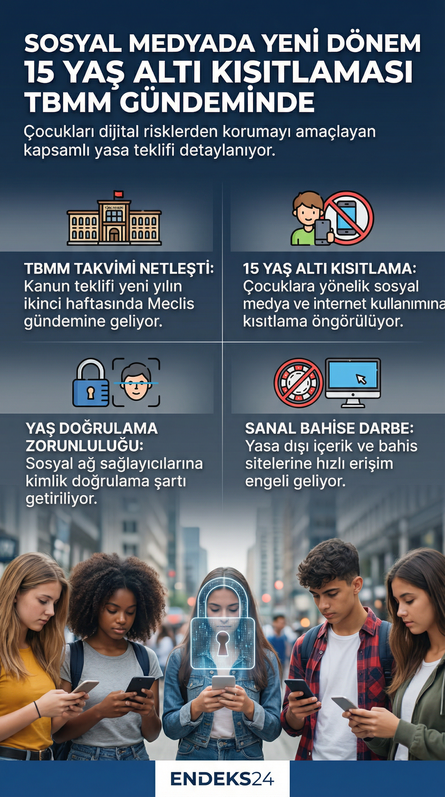 Sosyal medyaya yaş sınırı getiren kanun teklifi TBMM’ye sunuluyor, çocukların internet güvenliği için yaş doğrulama ve içerik filtreleme adımları öngörülüyor.