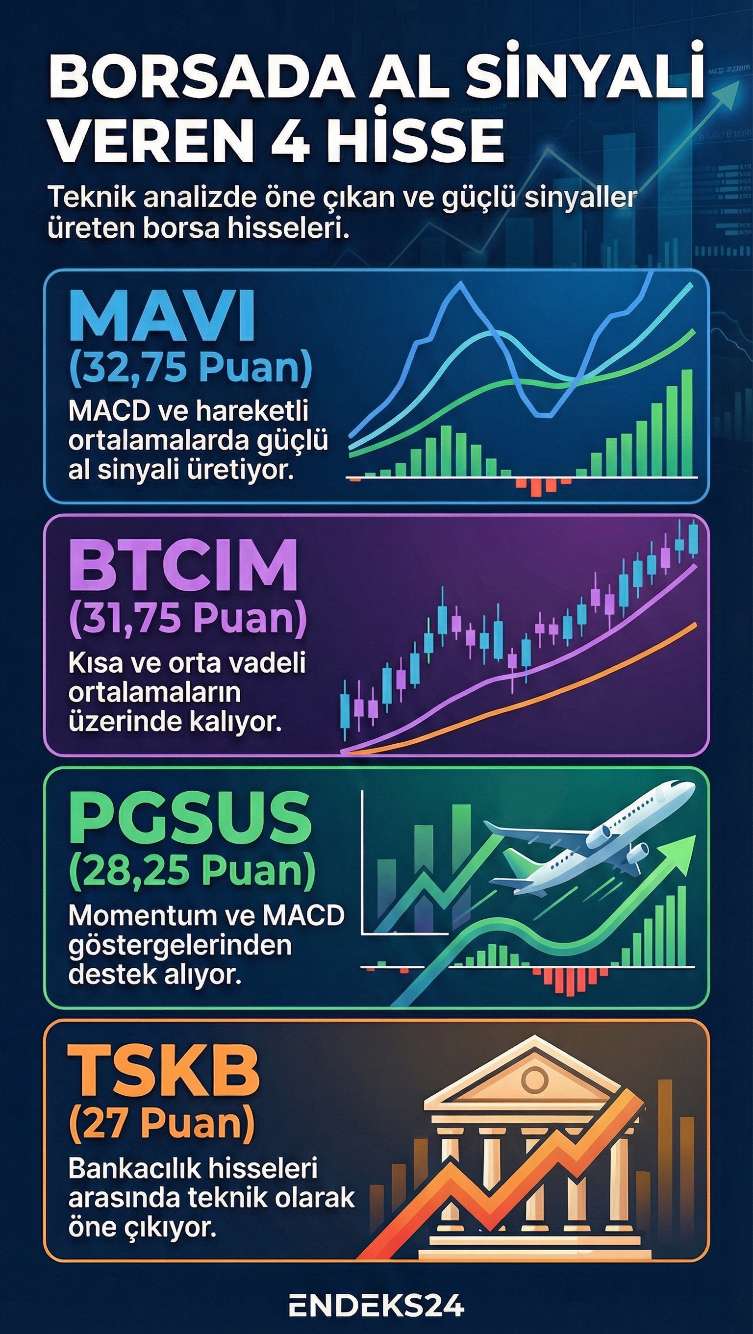 Teknik göstergelerde al sinyali veren hisselerin puan dağılımı ve öne çıkan indikatörleri