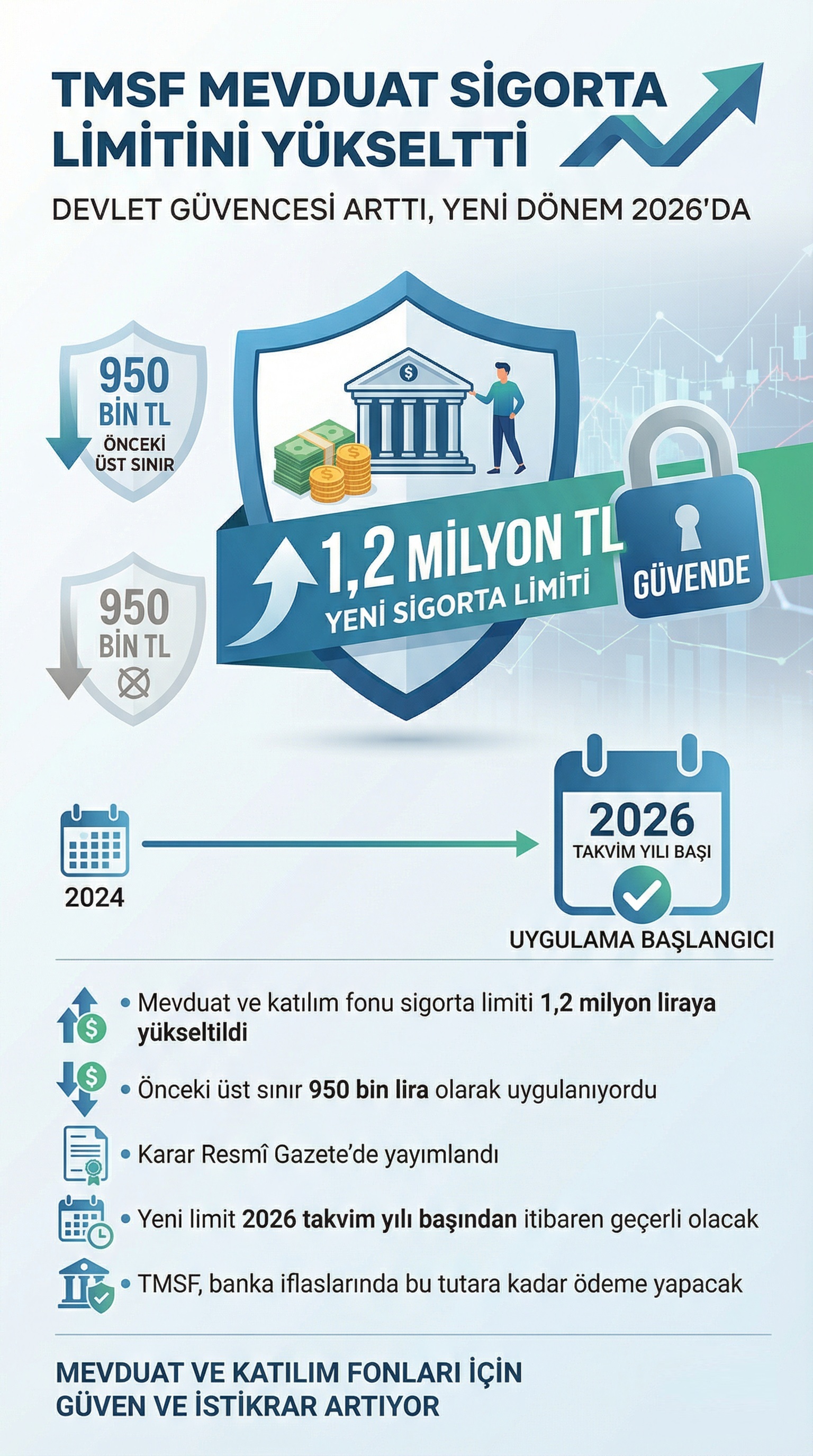 TMSF, mevduat ve katılım fonu sigorta üst sınırını 950 bin liradan 1 milyon 200 bin liraya yükseltti ve düzenleme 2026 itibarıyla yürürlüğe girecek.