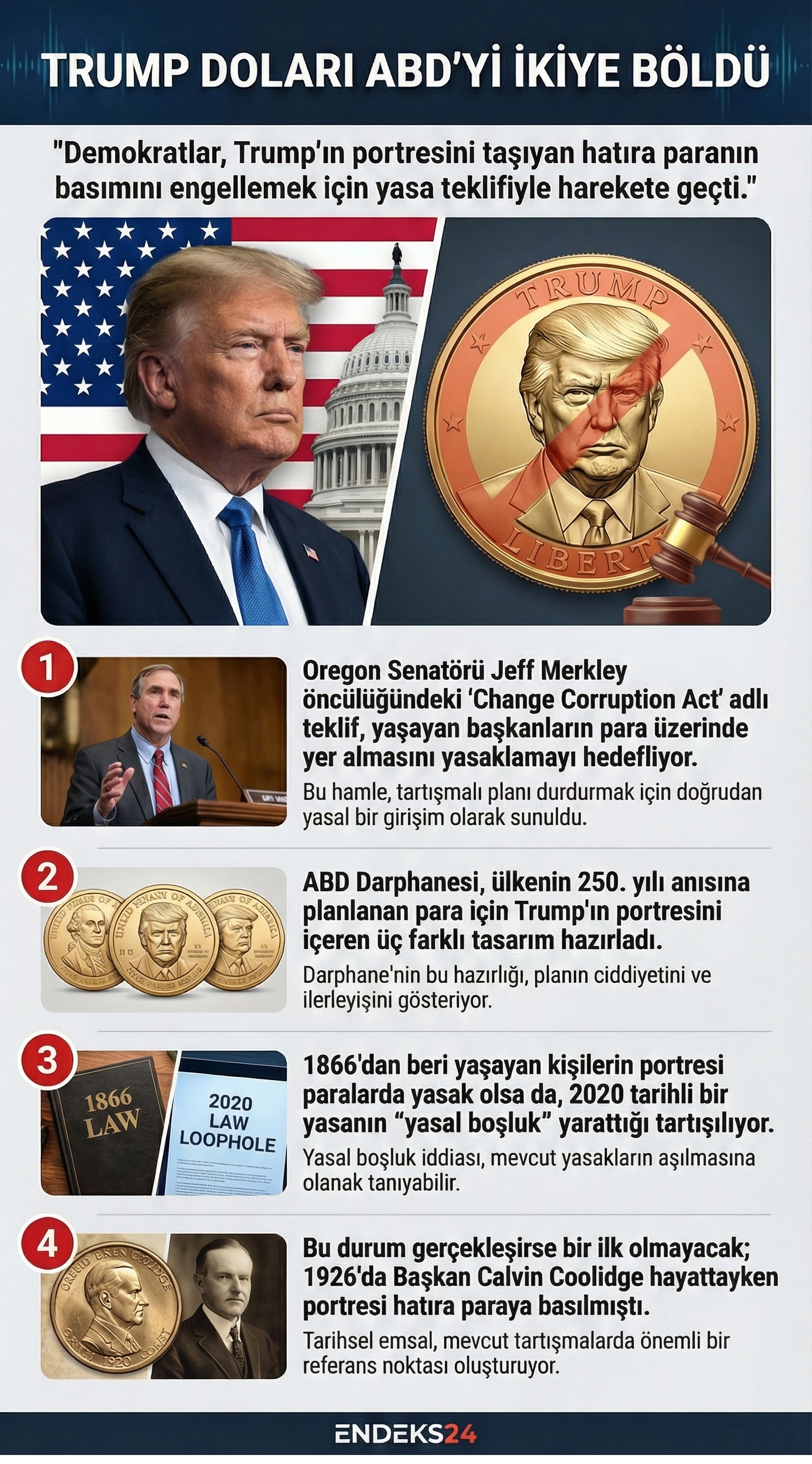 Trump’ın portresini taşıyan hatıra para planı ile Senato’daki yasa teklifine ilişkin kronoloji ve yasal çerçeve bilgilerini içeren özet görsel.