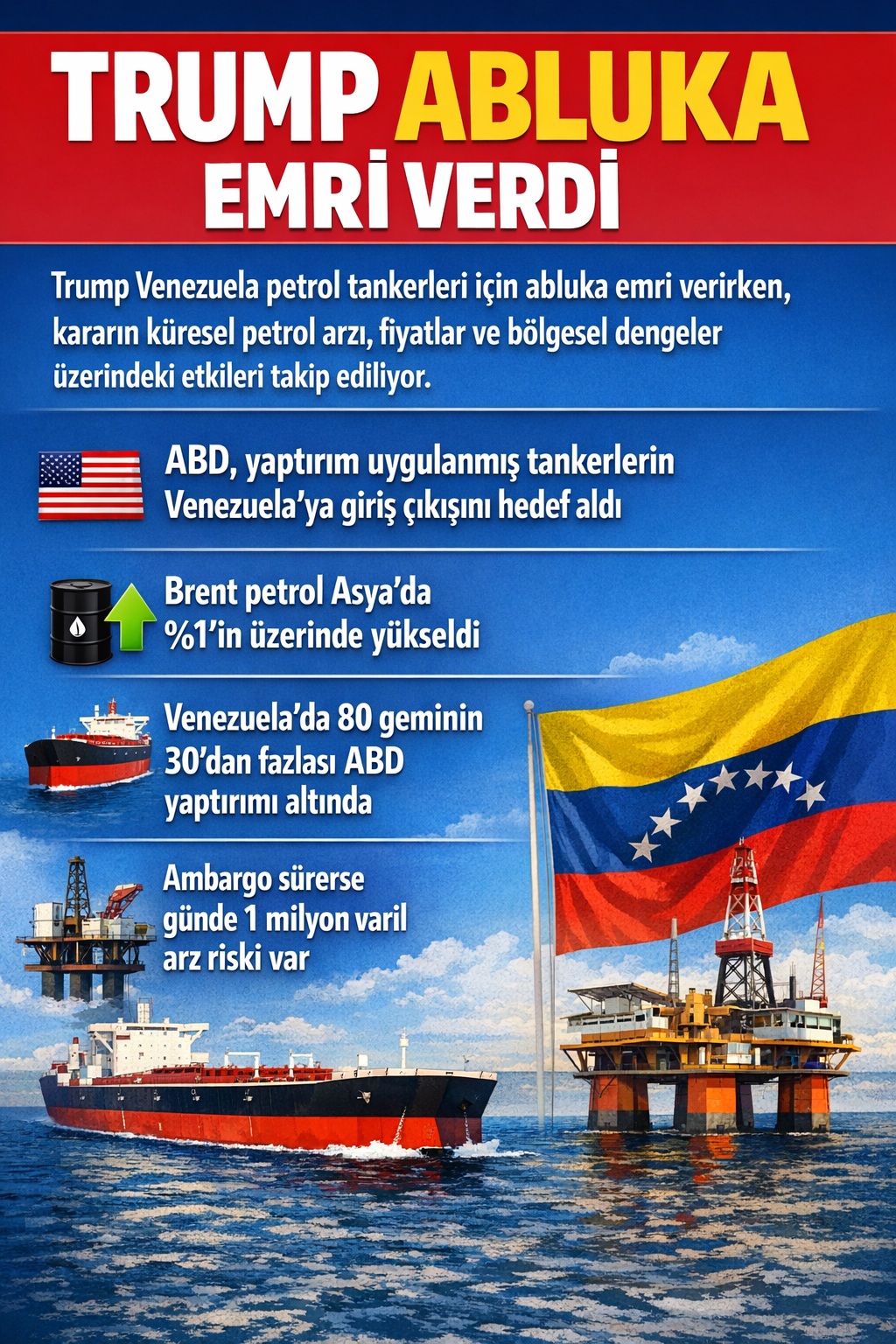 ABD Başkanı Trump’ın Venezuela petrol tankerlerine yönelik abluka kararı sonrası petrol fiyatları ve ihracat akışları yakından izleniyor.