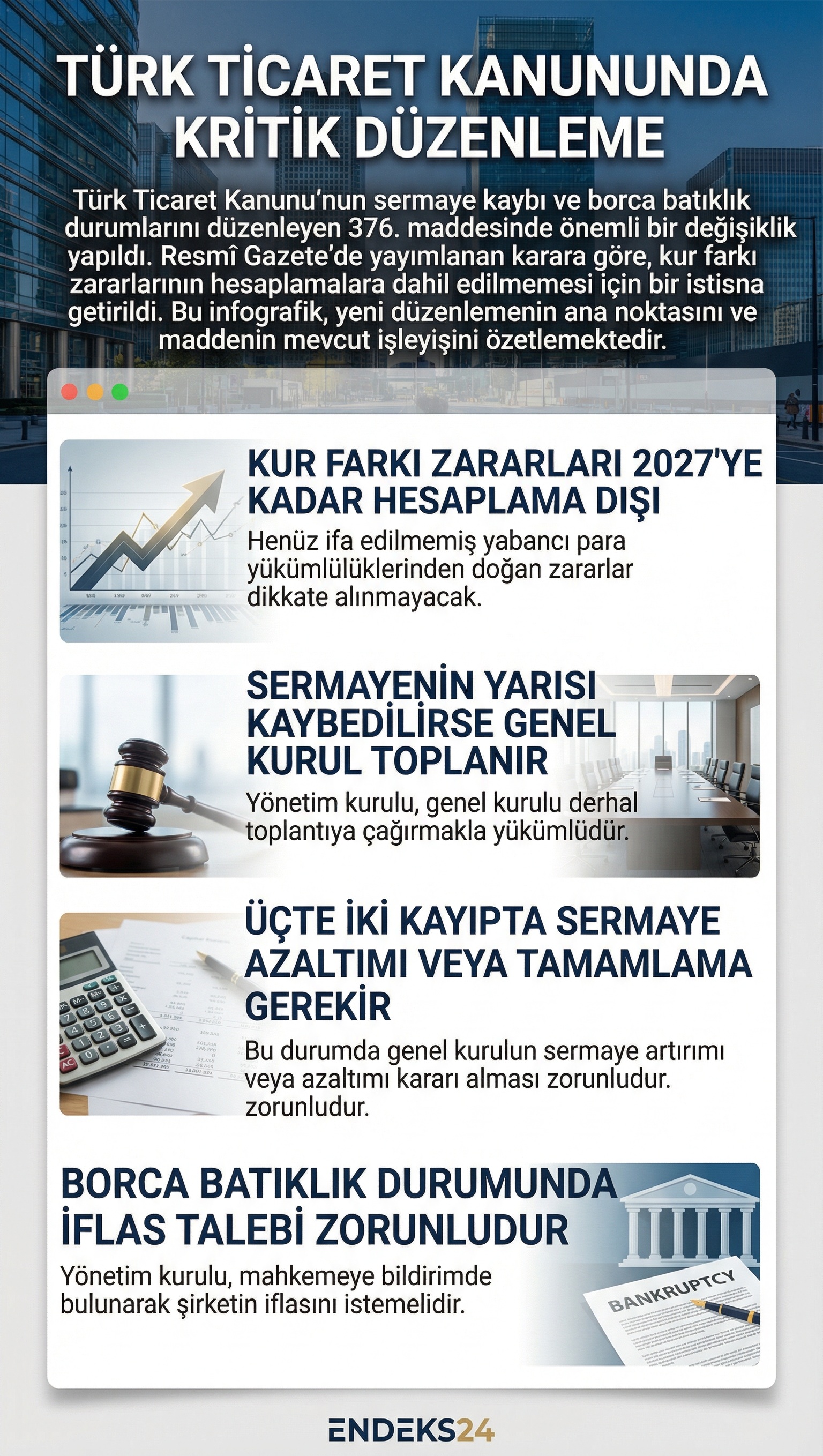 TTK 376 kapsamında kur farkı zararlarının hesaplamalarda dikkate alınmama süresinin 2027’ye uzatılmasına ilişkin Resmî Gazete düzenlemesinin ana maddeleri.