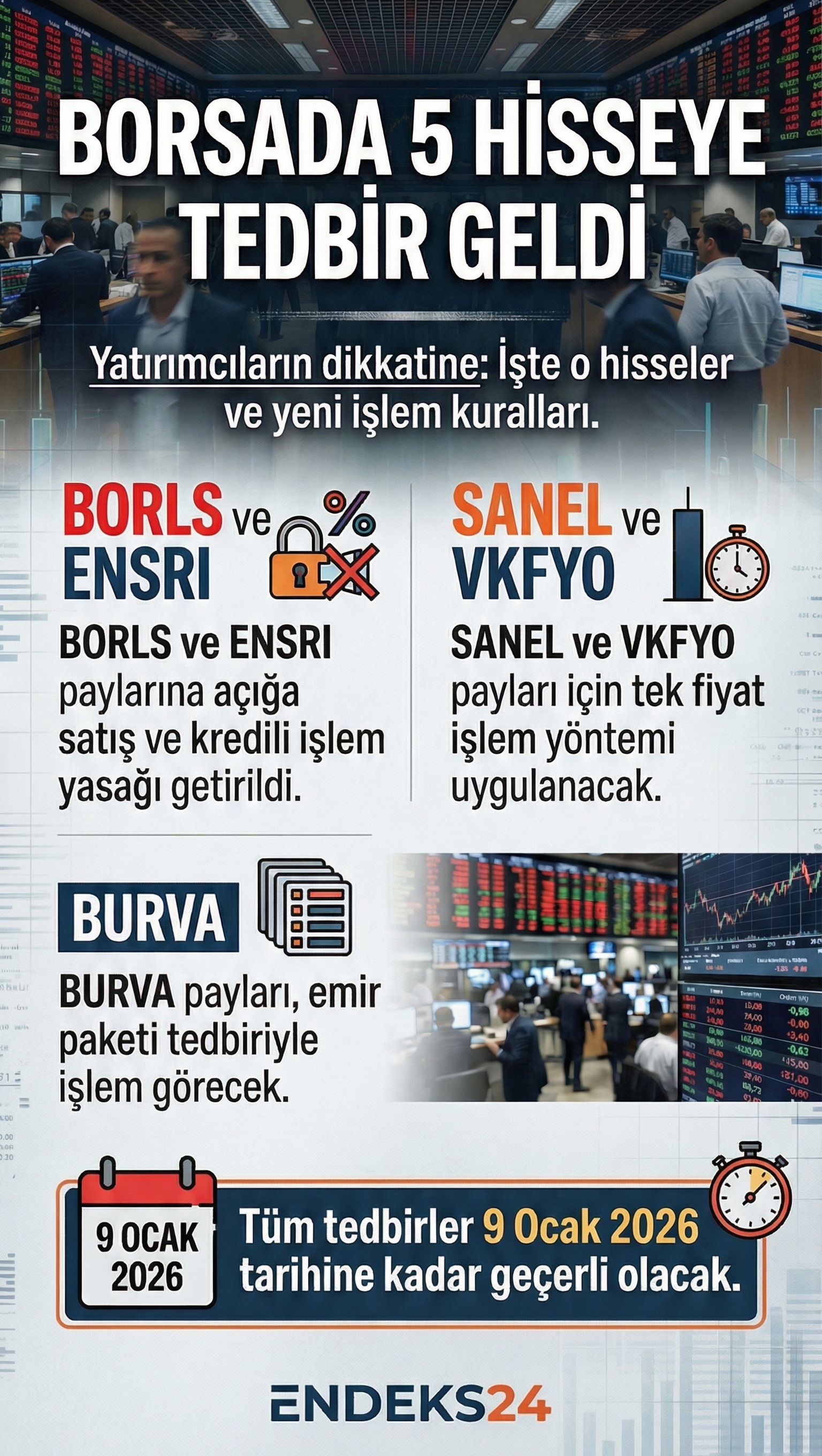 VBTS kapsamında BORLS, ENSRI, SANEL, VKFYO ve BURVA paylarında 11 Aralık 2025 ile 9 Ocak 2026 arasında farklı işlem tedbirleri uygulanacağına ilişkin BİST duyurusu.