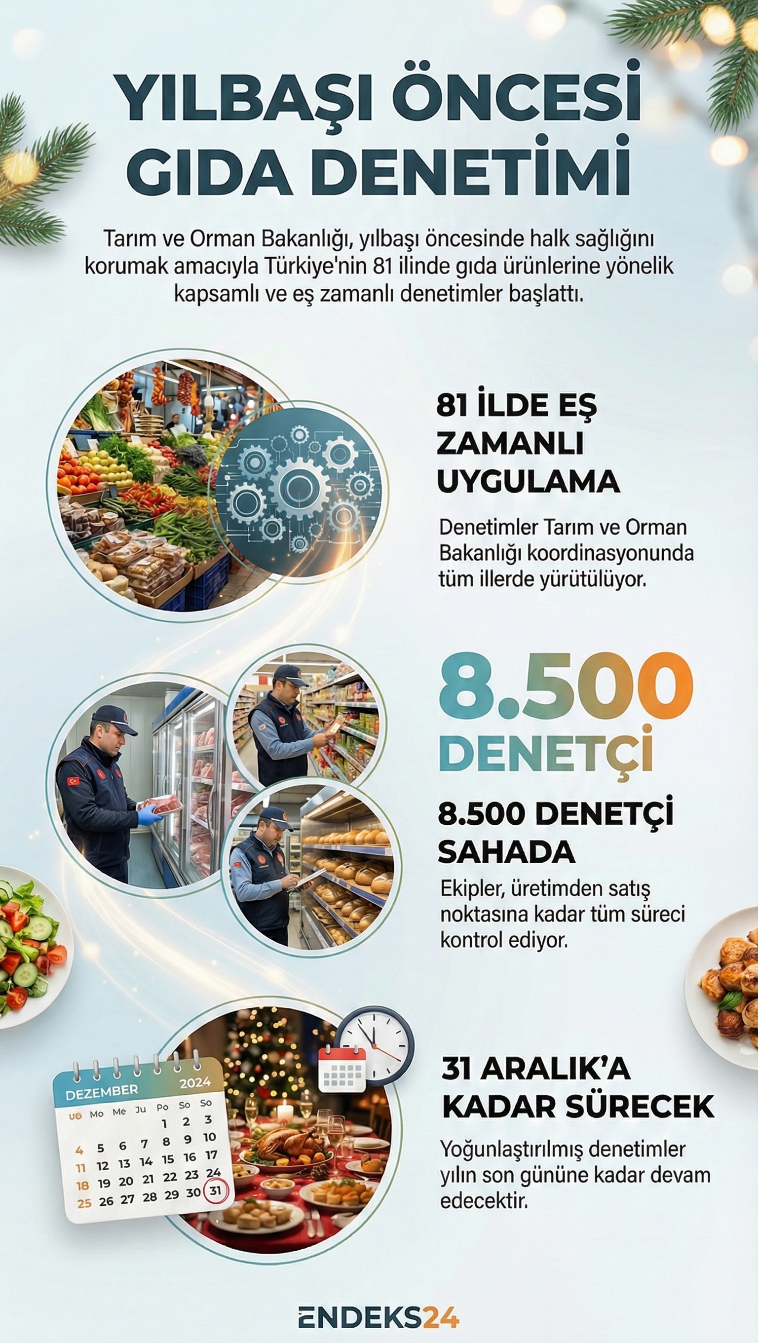 Tarım ve Orman Bakanlığı’nın yılbaşı öncesi artan gıda tüketimine karşı 81 ilde başlattığı eş zamanlı denetim sürecini gösteren bilgilendirme görseli.