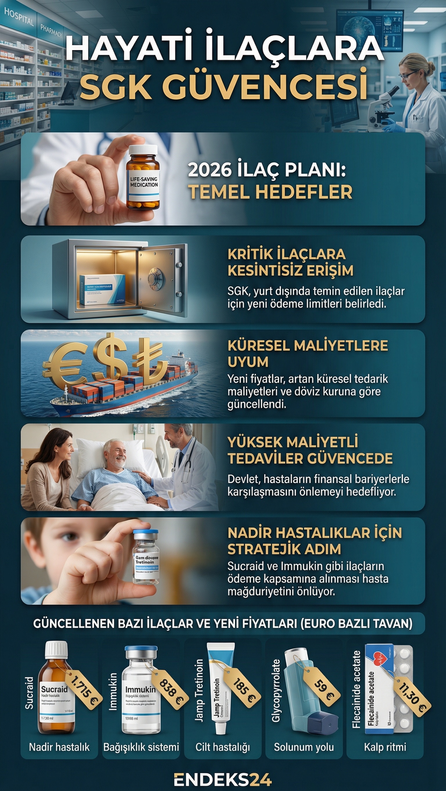 2026 yılı SGK yurt dışı ilaç fiyat listesi güncellemesi kapsamında belirlenen yeni Euro bazlı ilaç bedelleri.