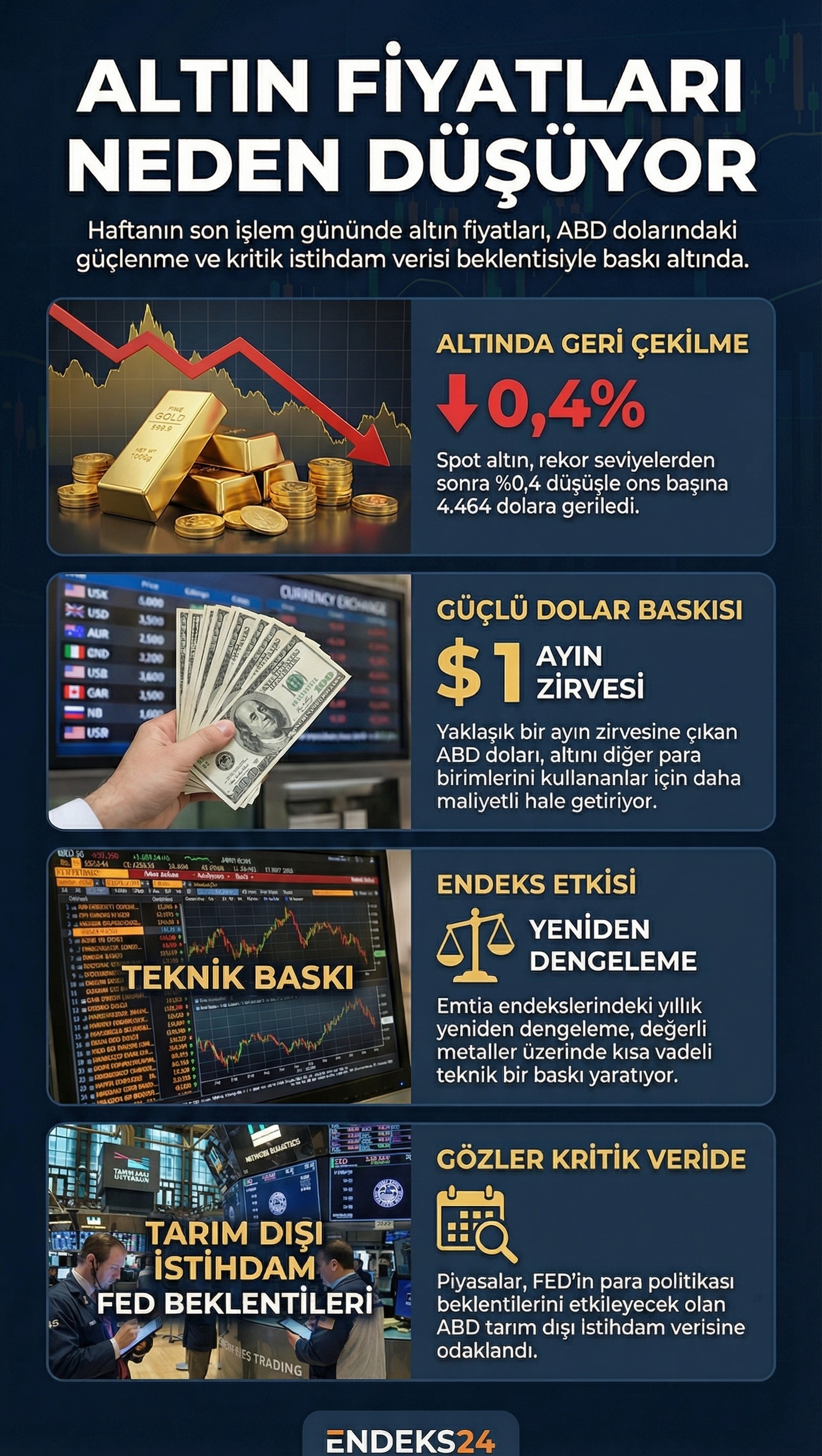 Altın fiyatları, güçlü dolar ve emtia endekslerindeki yeniden dengeleme süreciyle ABD istihdam verisi öncesinde geriledi.