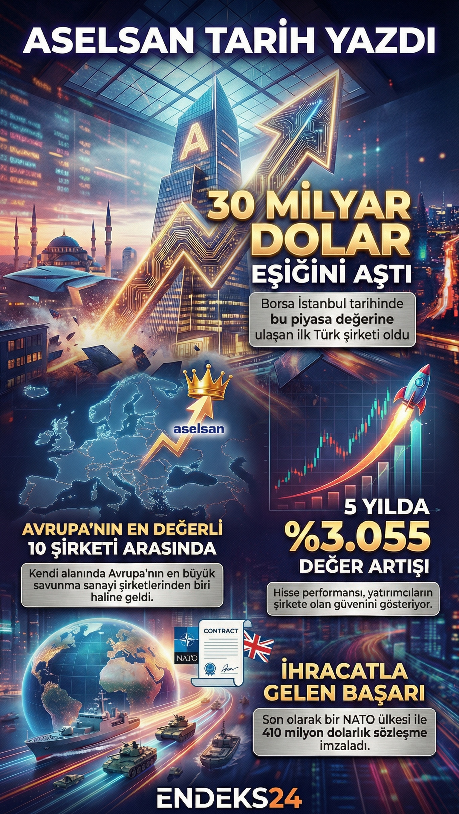 ASELSAN’ın BIST 100’te ulaştığı piyasa değeri ve uzun vadeli hisse performansı.