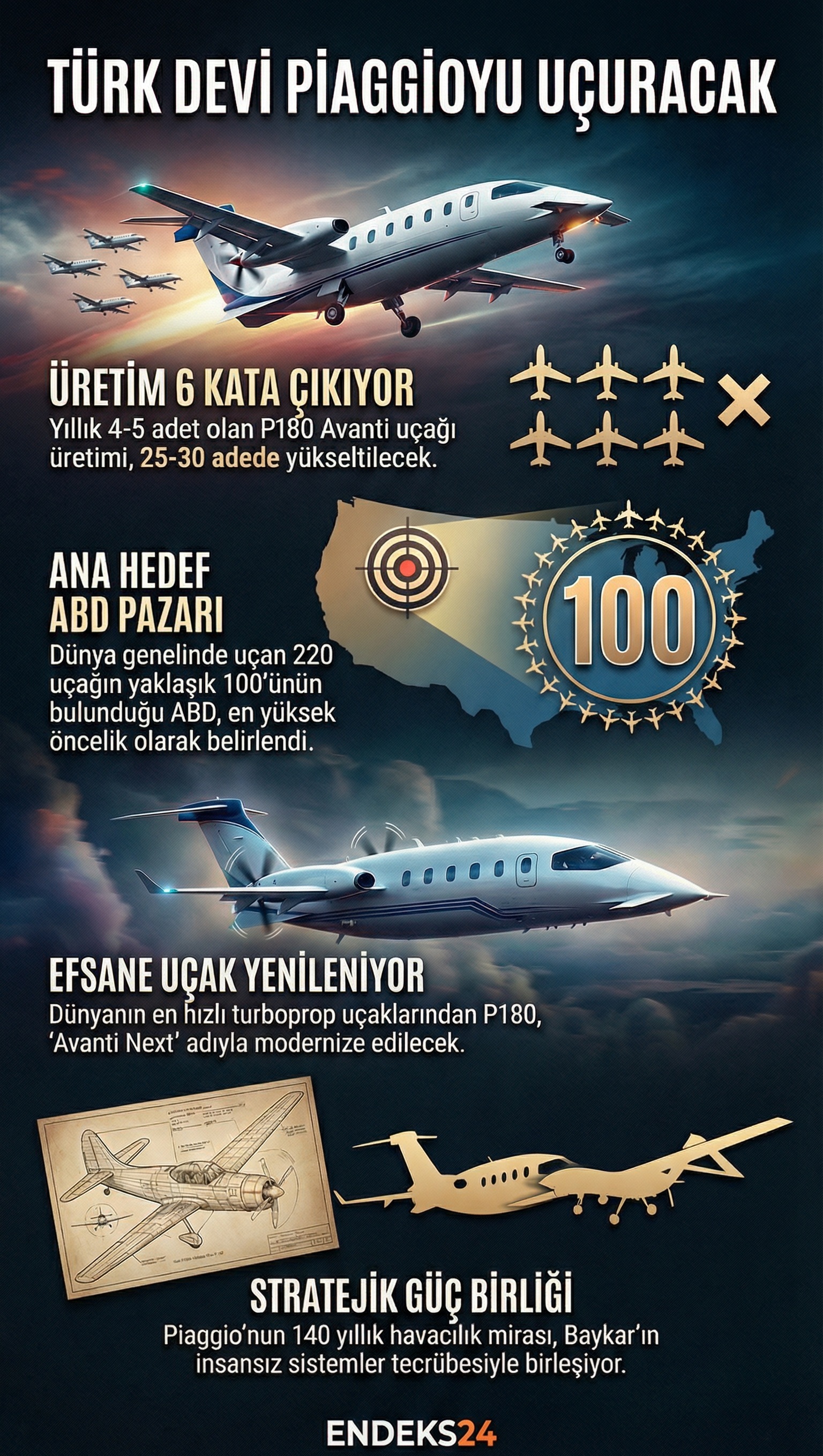 Baykar’ın Piaggio Aerospace’i satın almasının ardından P180 Avanti üretim kapasitesi, modernizasyon süreci ve ABD pazarına yönelik servis yatırımlarını gösteren bilgilendirici grafik.