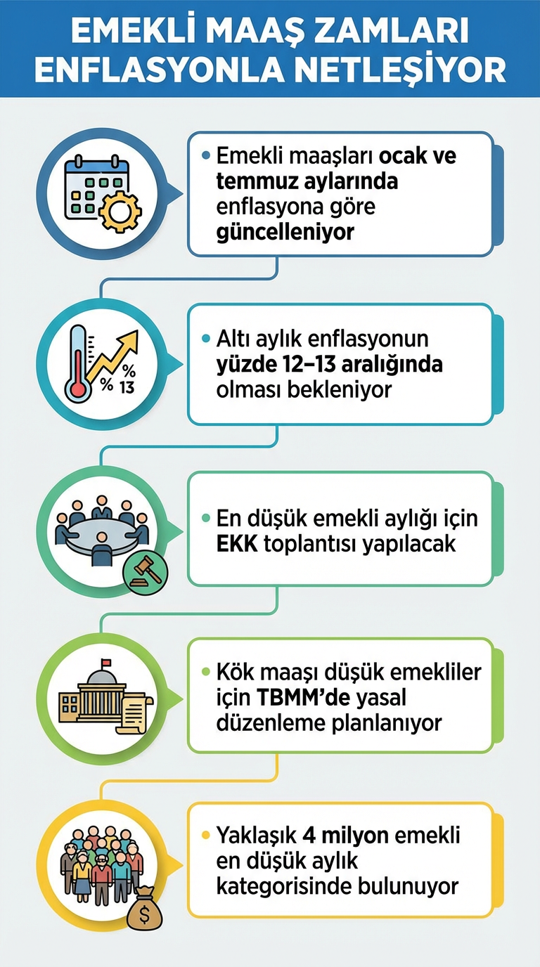 Emekli maaş zamları, yarın açıklanacak altı aylık enflasyon verisiyle birlikte netleşirken en düşük aylıklar için yasal düzenleme gündemde bulunuyor.