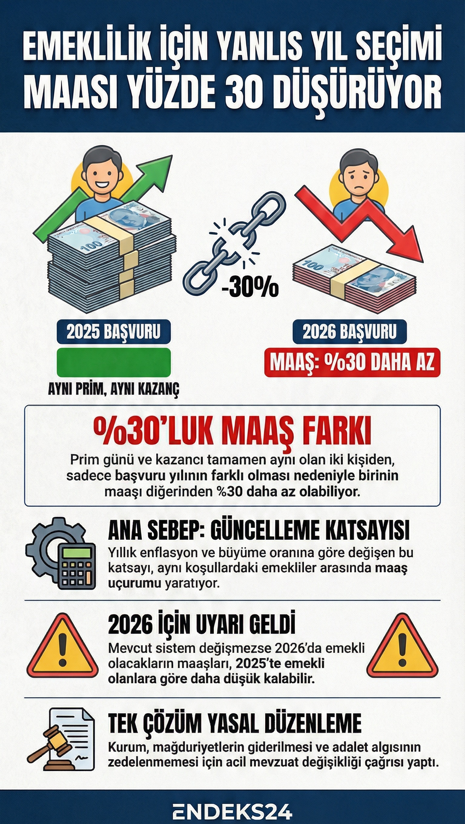 2024 ve 2025 yıllarında emeklilik başvurusu yapan sigortalılar arasında, güncelleme katsayısı farkı nedeniyle oluşan maaş farklılıklarını gösteren karşılaştırmalı grafik.