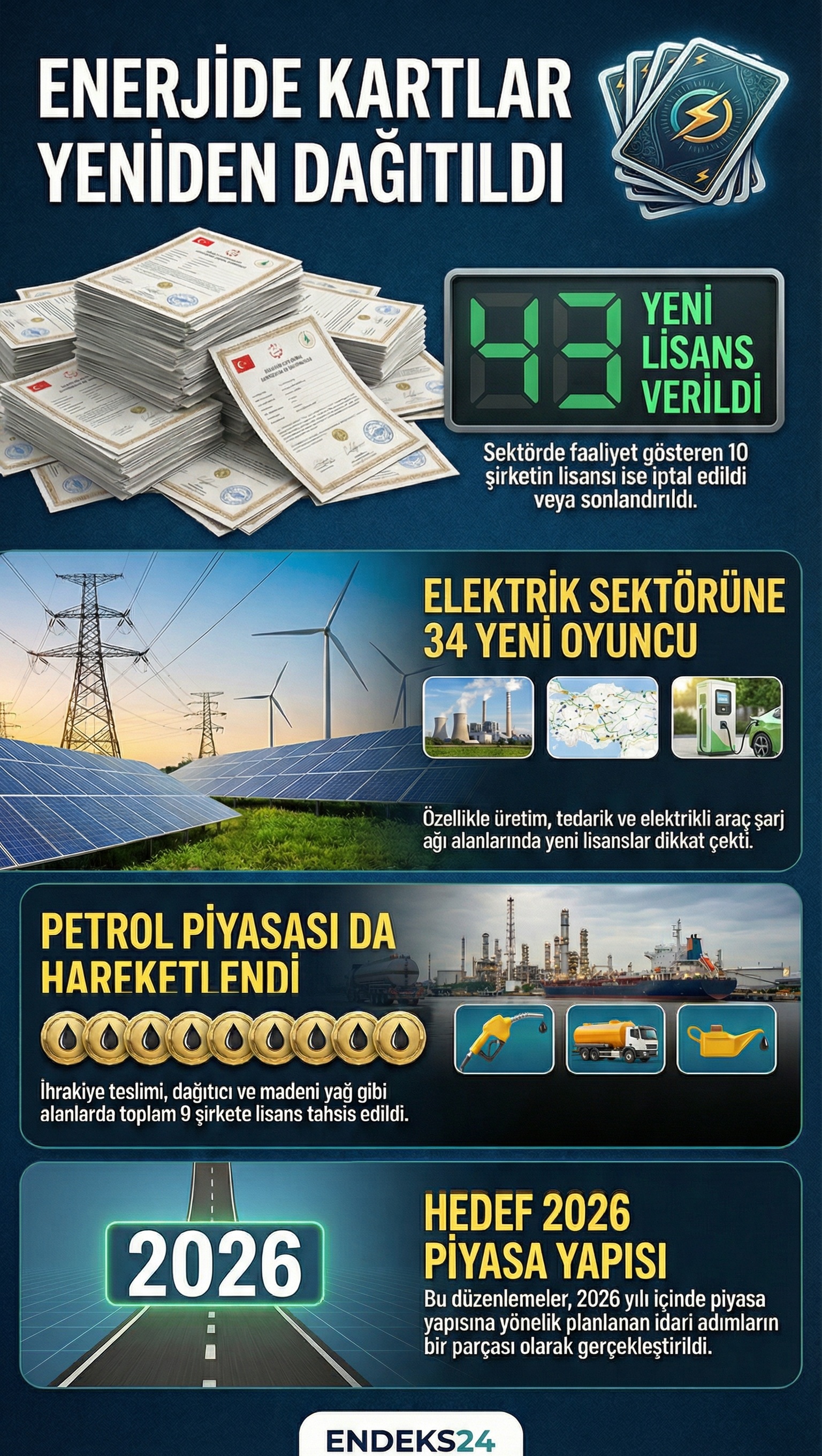 EPDK tarafından elektrik ve petrol piyasalarında verilen ve sonlandırılan lisans sayılarını gösteren özet tablo.