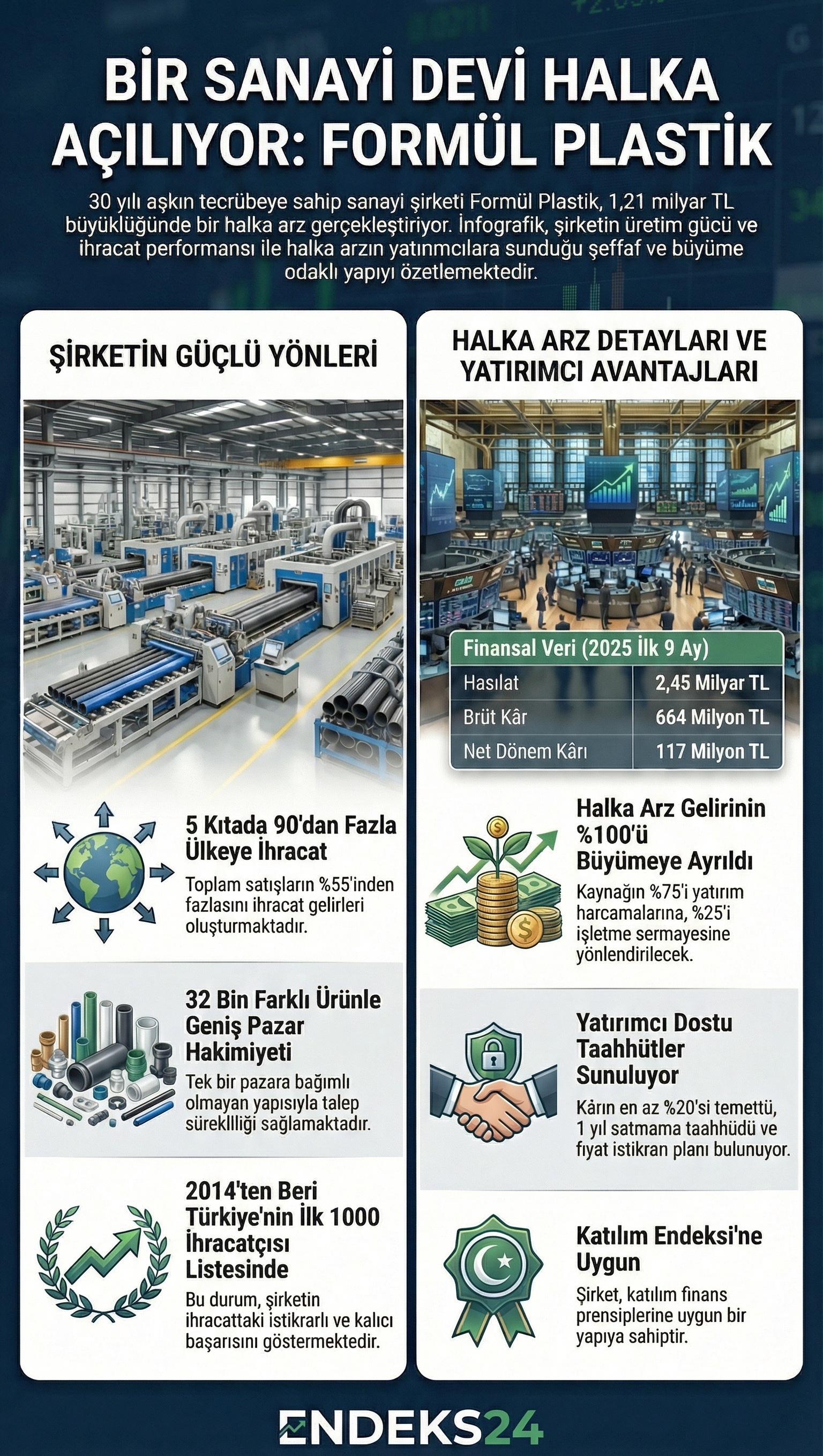 Formül Plastik’in 2026 halka arzına ilişkin üretim gücü, ihracat ağı, finansal görünüm ve halka arz gelirinin kullanım planı infografikte özetleniyor.