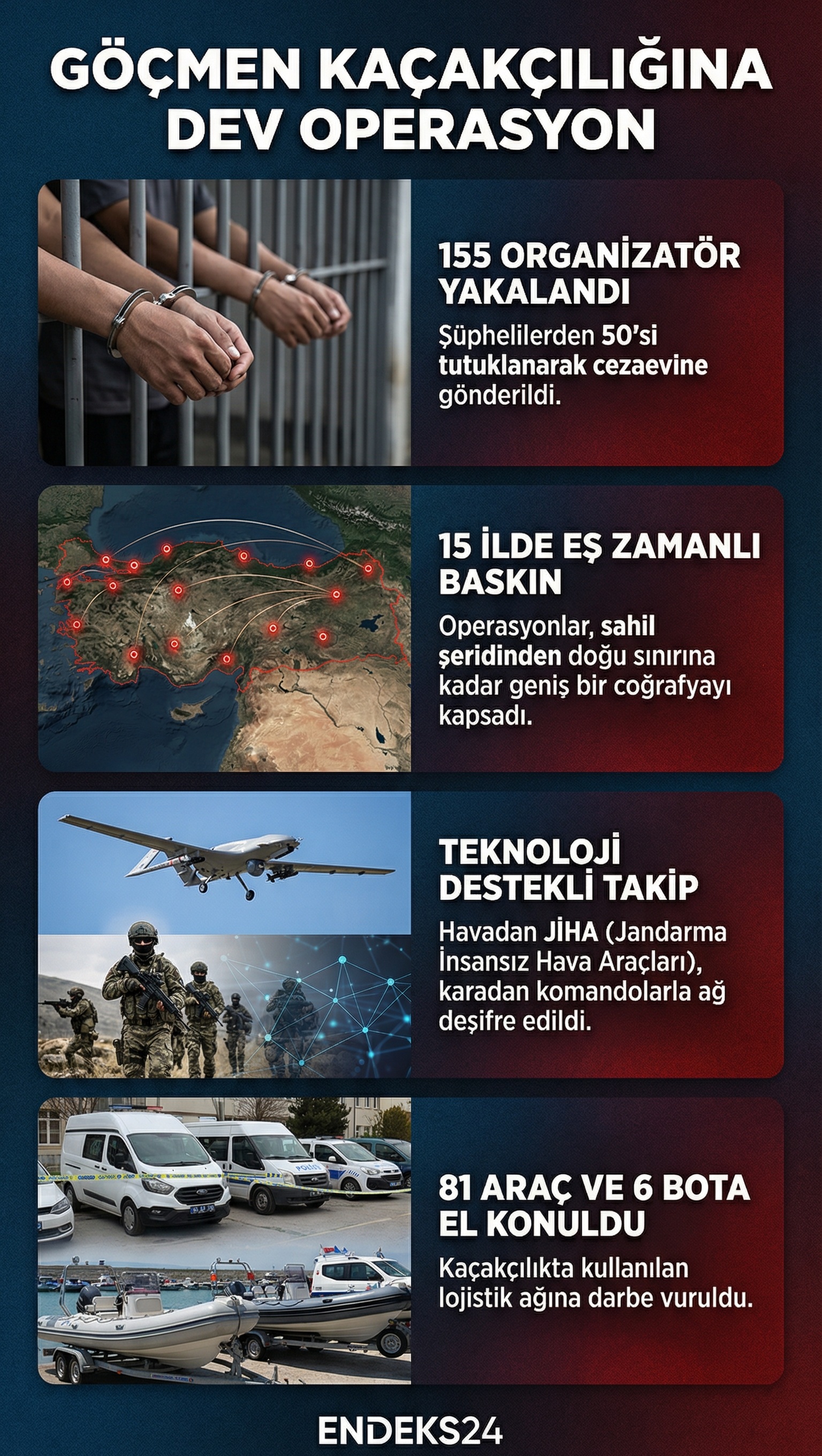 15 ilde düzenlenen göçmen kaçakçılığı operasyonunun verileri