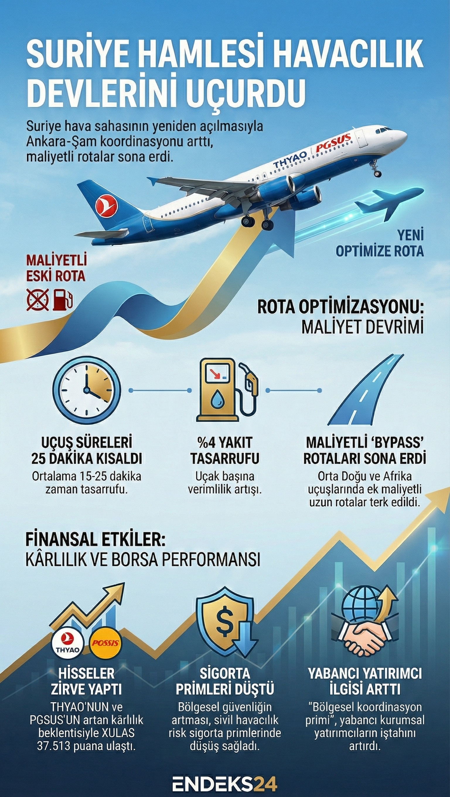 THYAO ve PGSUS Suriye rotası yakıt tasarrufu oranları, uçuş süresi analizleri ve BIST ulaştırma endeksi borsa verileri tablosu
