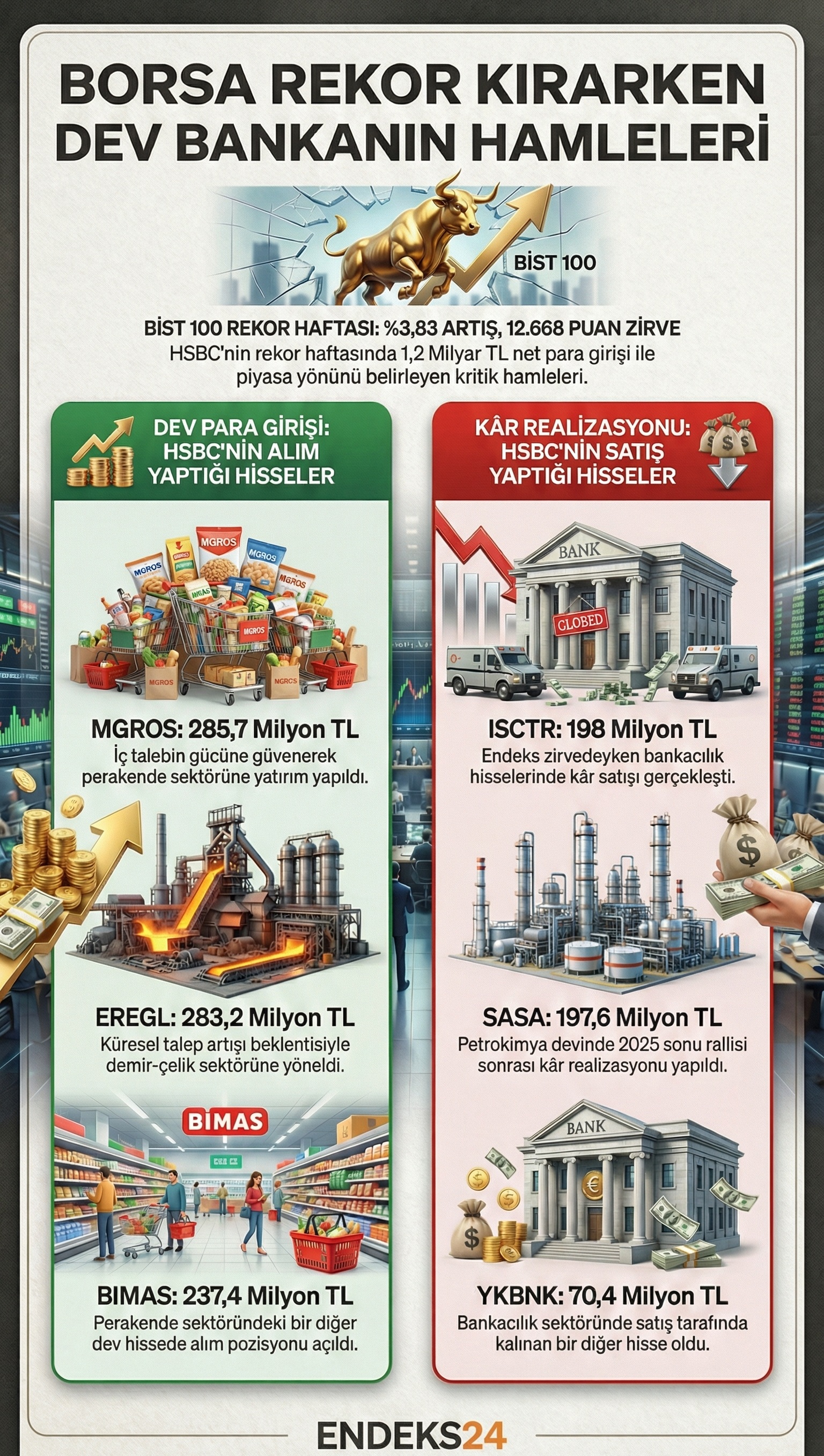 İnfografik HSBC'nin 12-16 Ocak 2026 haftasında Borsa İstanbul'da gerçekleştirdiği en yüksek hacimli alım ve satım işlemleri.