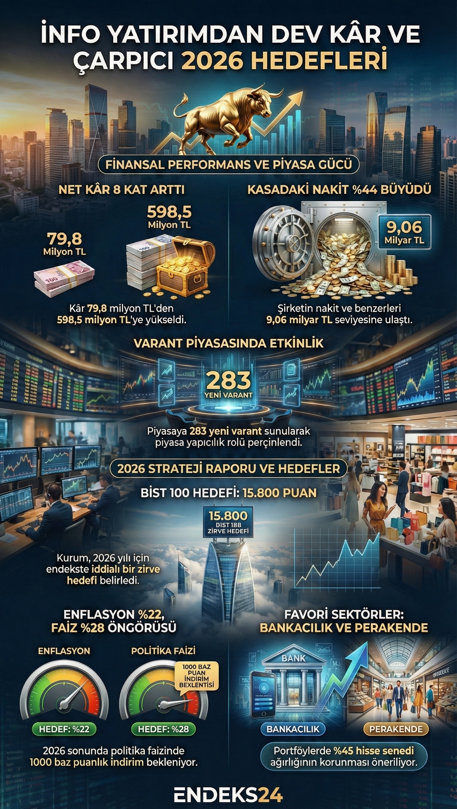 İnfografik  İnfo Yatırım (INFO) 2024 9 aylık finansal sonuçları ve 2026 yılı makro ekonomik beklentilerini içeren analiz tablosudur.