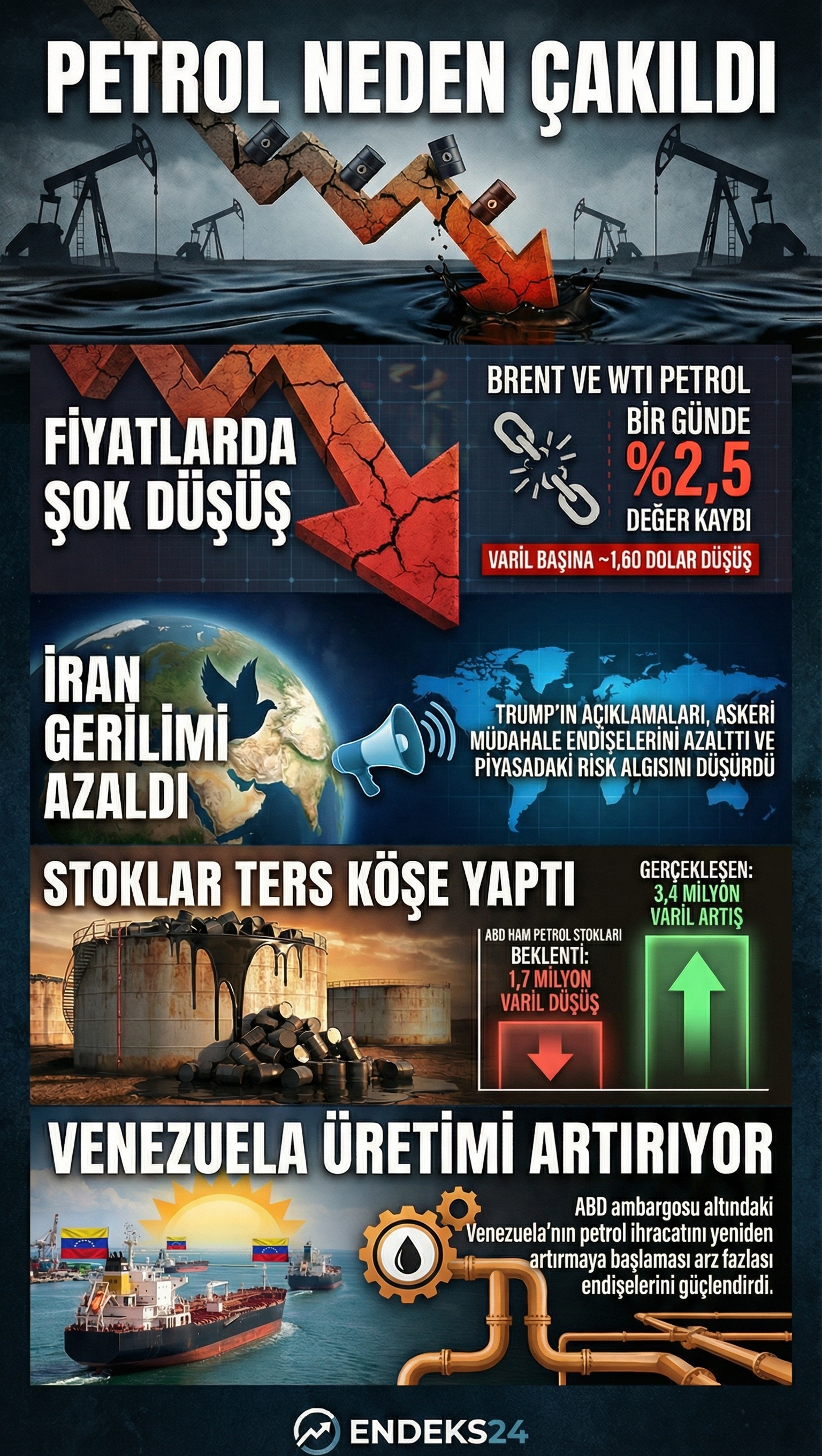 İran geriliminin azalması ve stok verilerinin etkisiyle petrol fiyatlarında yaşanan düşüş.