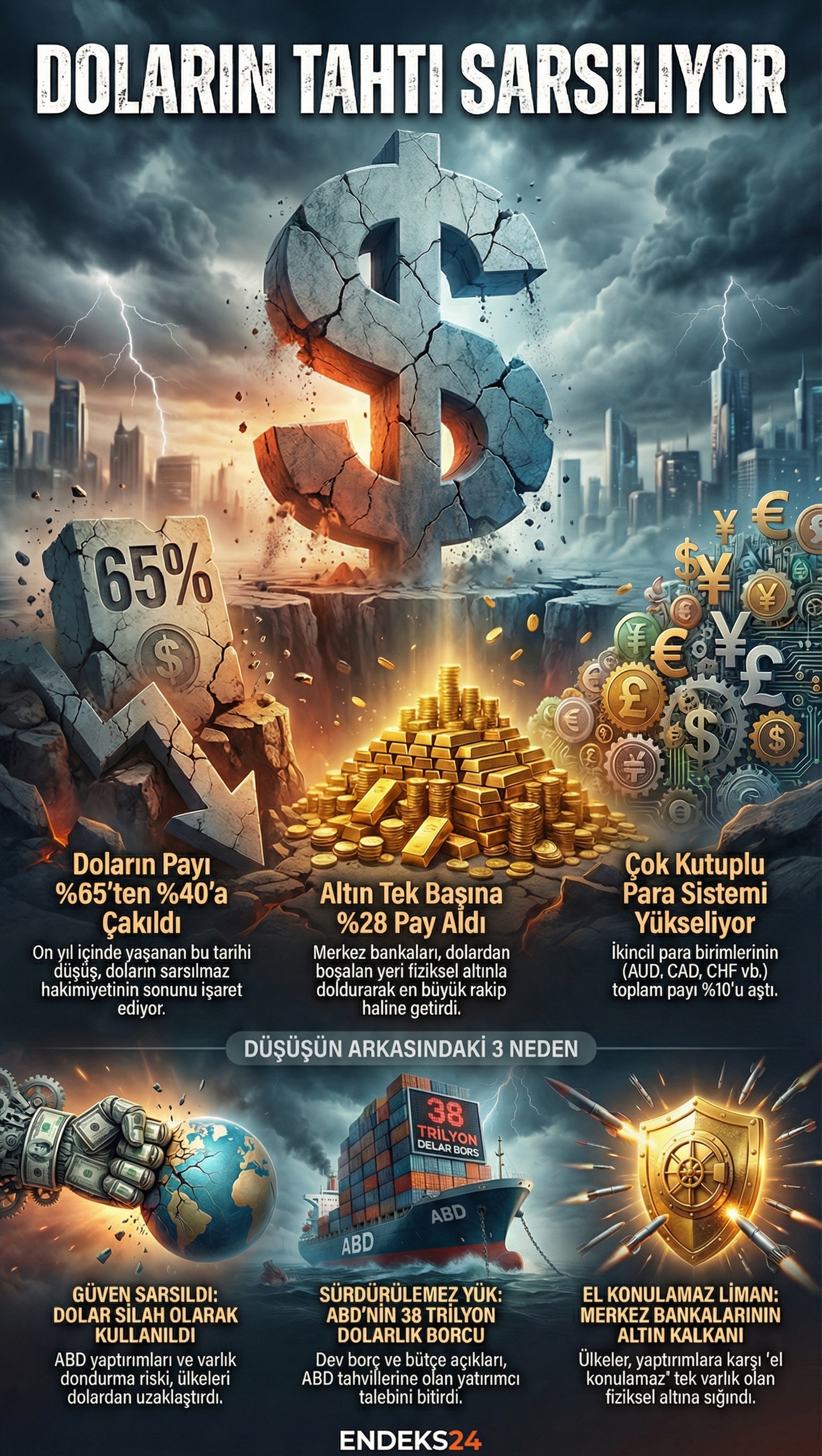 Küresel merkez bankası rezervlerinde doların %40 seviyesine gerileyerek tarihi dip yapmasını ve altının %28 payla ana rezerv varlığına dönüşmesini gösteren 2026 yılı karşılaştırmalı veri tablosu.