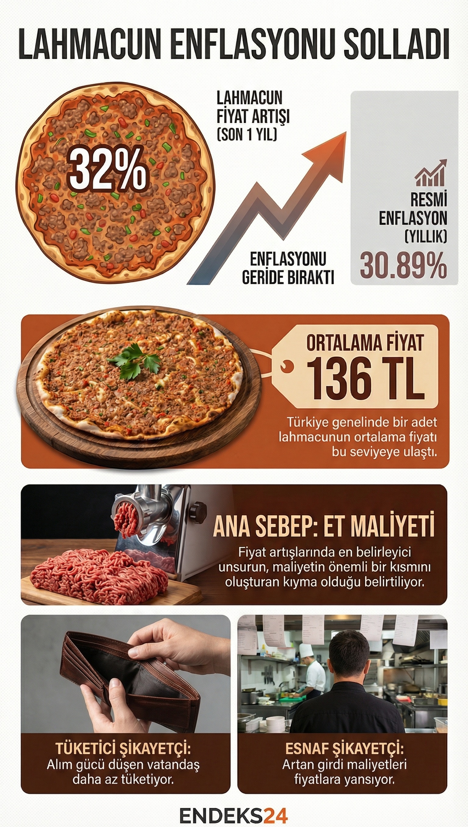 Lahmacun fiyatlarının yıllık artış oranı, Türkiye genelindeki ortalama fiyat ve İstanbul’daki fiyat aralığını gösteren infografik.