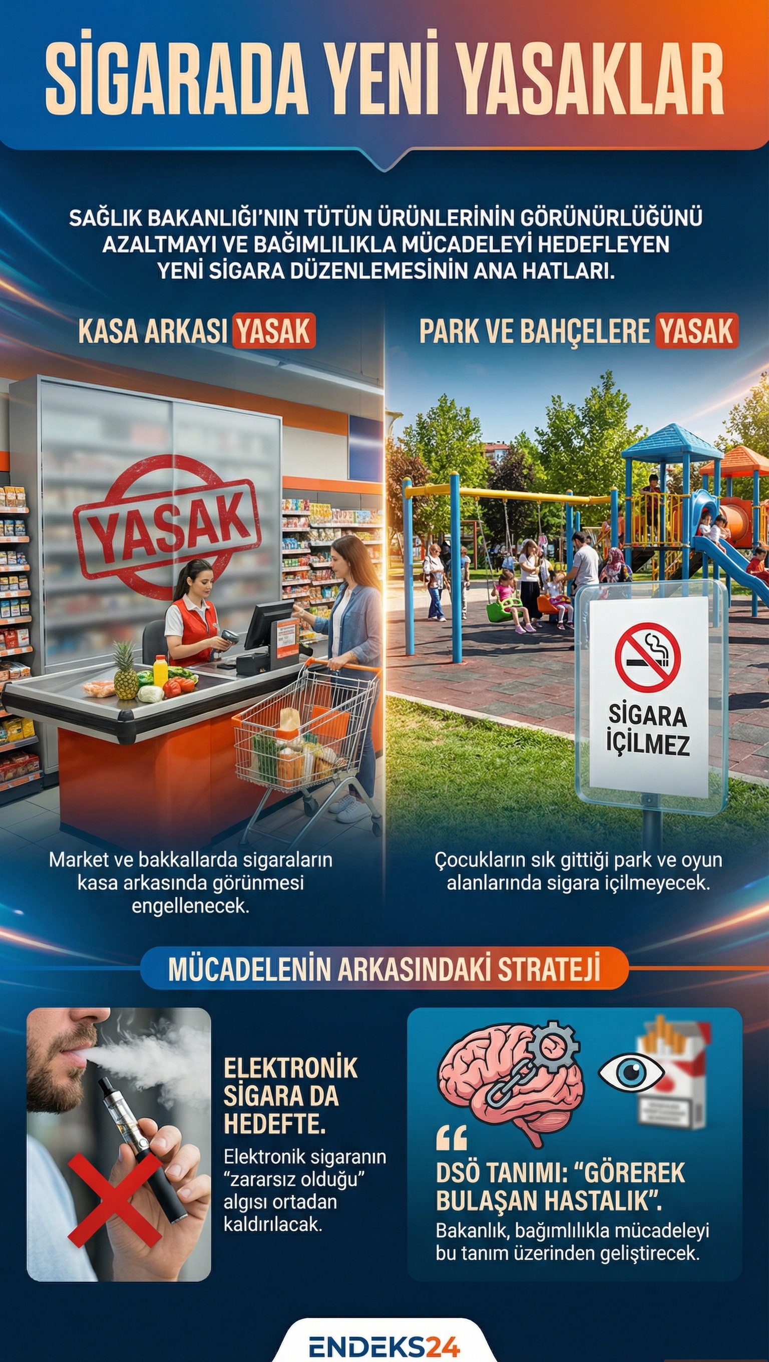 Sağlık Bakanlığı'nın tütün ürünleri görünürlük ve kullanım yasaklarını içeren infografiği.