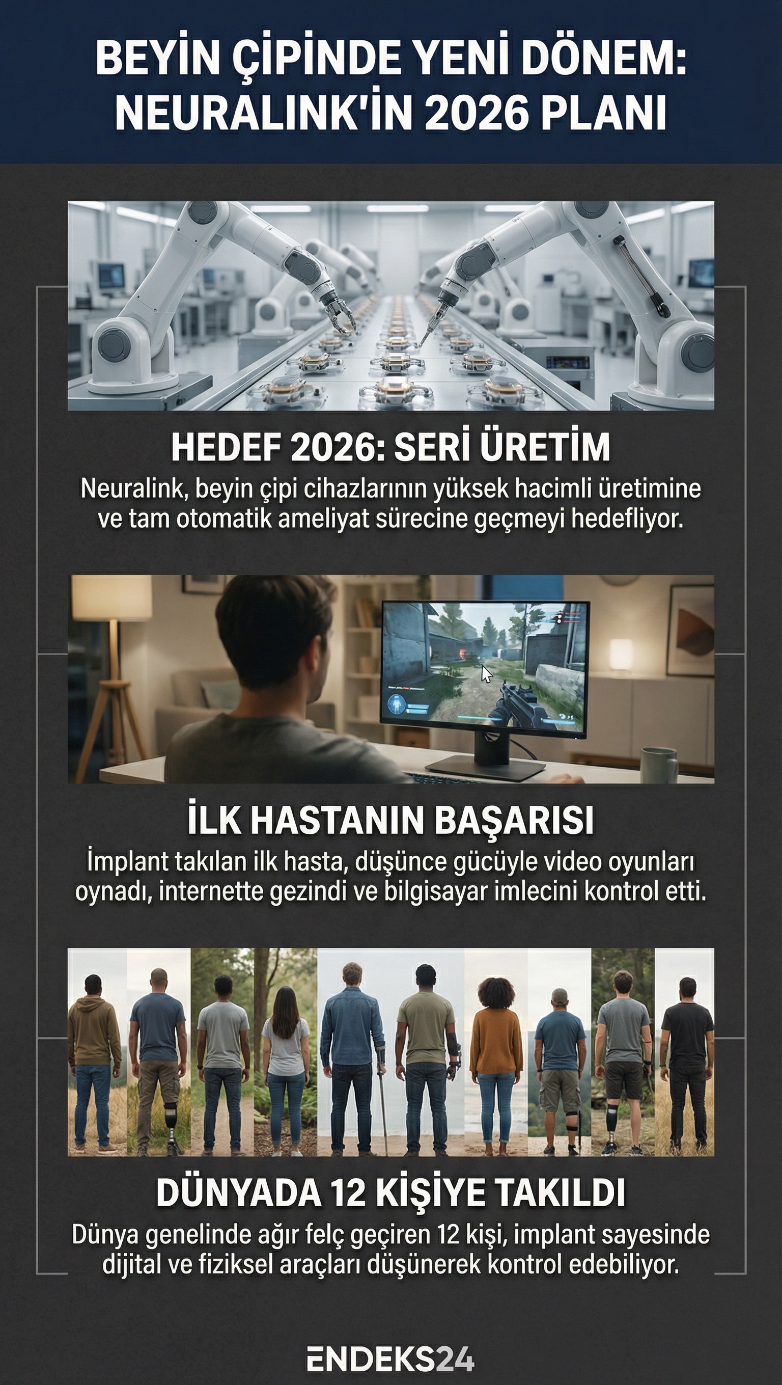 Neuralink’in 2026 üretim planı, insan denemeleri, FDA süreci ve alınan yatırımları özetleyen bilgi grafiği.