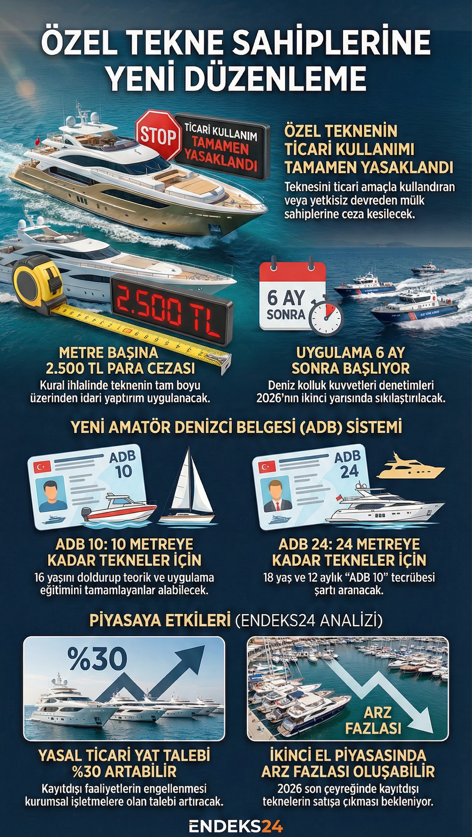 İnfografik  Özel tekne ve yat kullanımında 2026 yılında devreye girecek yeni ceza ve belge şartlarını içeren özet tablo.