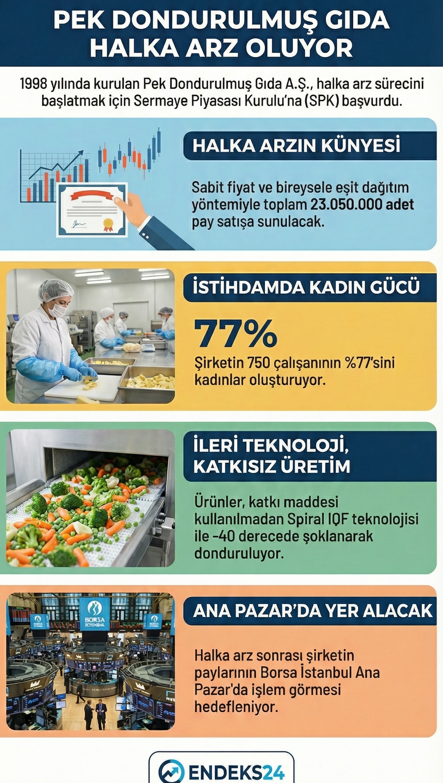 Pek Dondurulmuş Gıda A.Ş.’nin SPK’ya sunduğu halka arz başvurusu kapsamında pay adedi, satış yöntemi ve pazar bilgileri.