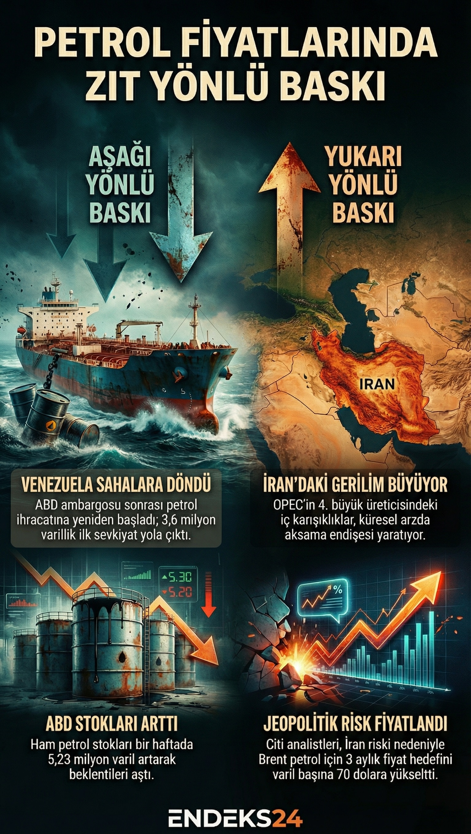 Petrol fiyatları, ABD stok artışı ve Venezuela ihracatının yeniden başlamasıyla düşerken jeopolitik riskler izleniyor.