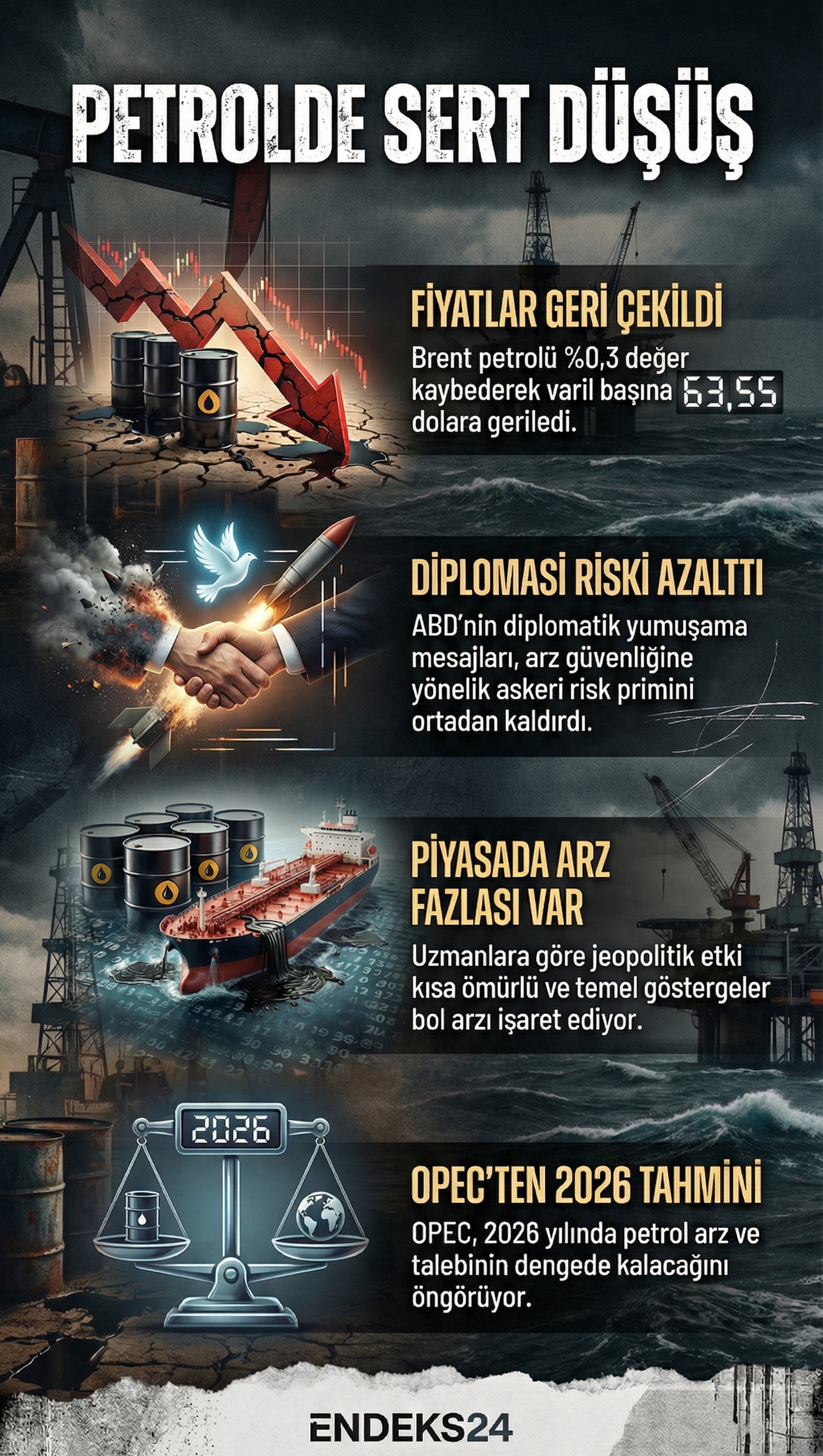 ABD-İran geriliminin yumuşamasıyla petrol fiyatlarında yaşanan geri çekilmeyi ve OPEC’in 2026 yılı arz-talep projeksiyonlarını içeren teknik piyasa verileri.