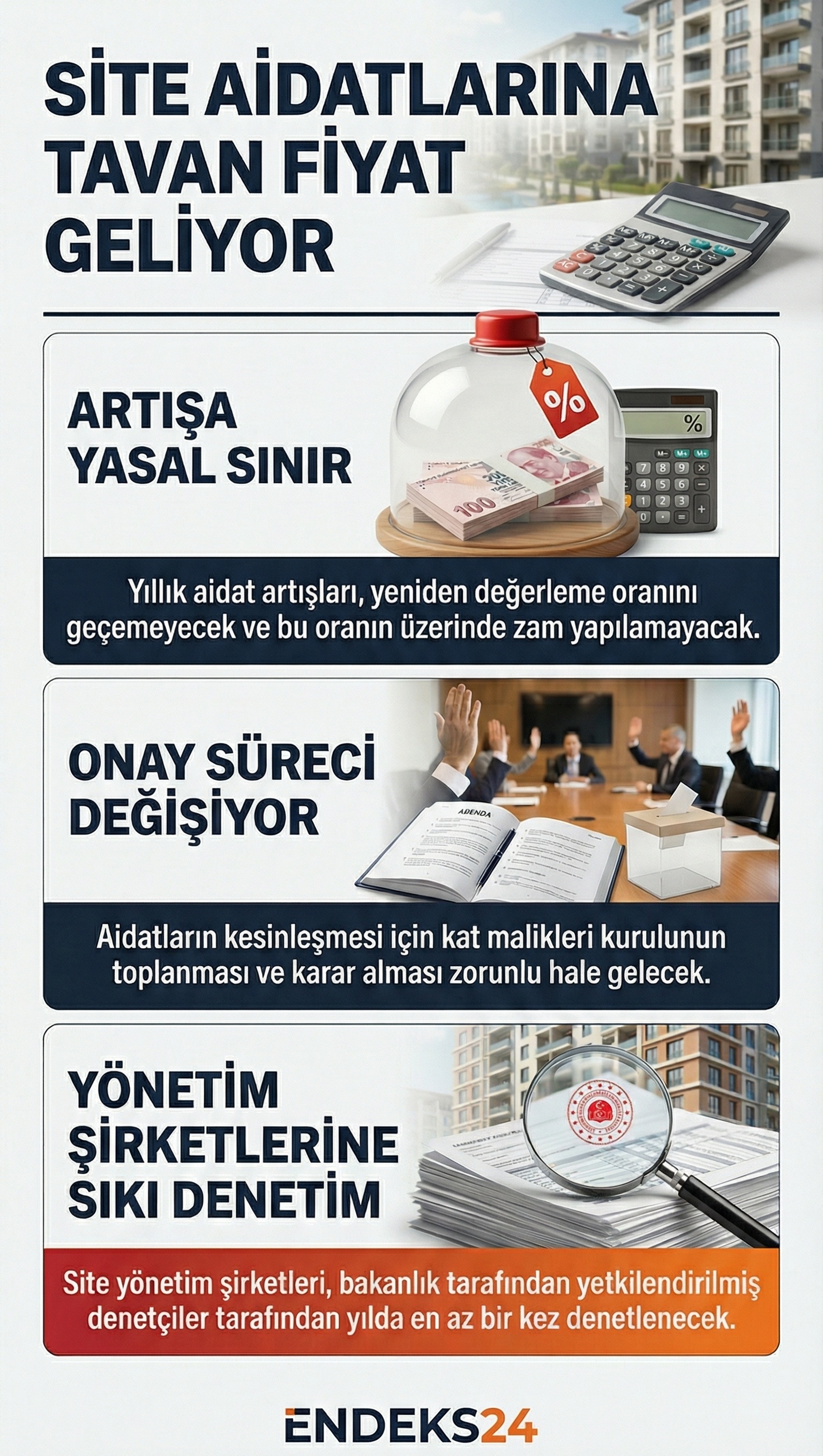 Site aidatlarında üst sınır düzenlemesi, yeniden değerleme oranı ve site yönetimlerine yönelik yeni denetim kurallarını gösteren bilgilendirici infografik.