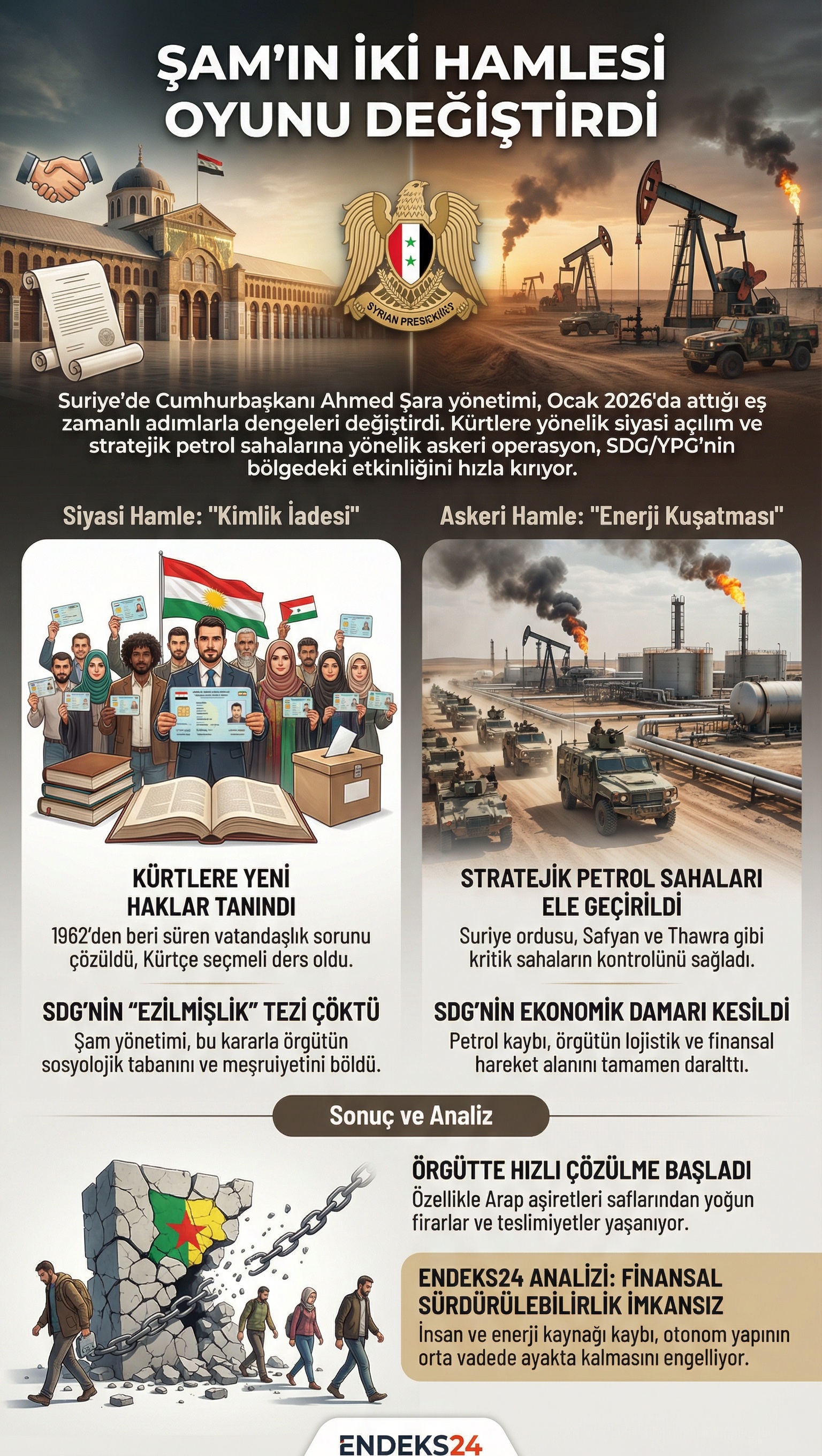 Suriye 17 Ocak 2026 infografik: Ahmed el-Şaraa Kürt hakları kararnamesi, Safyan ve Thawra petrol sahaları askeri kontrolü ve SDG üzerindeki etkileri.