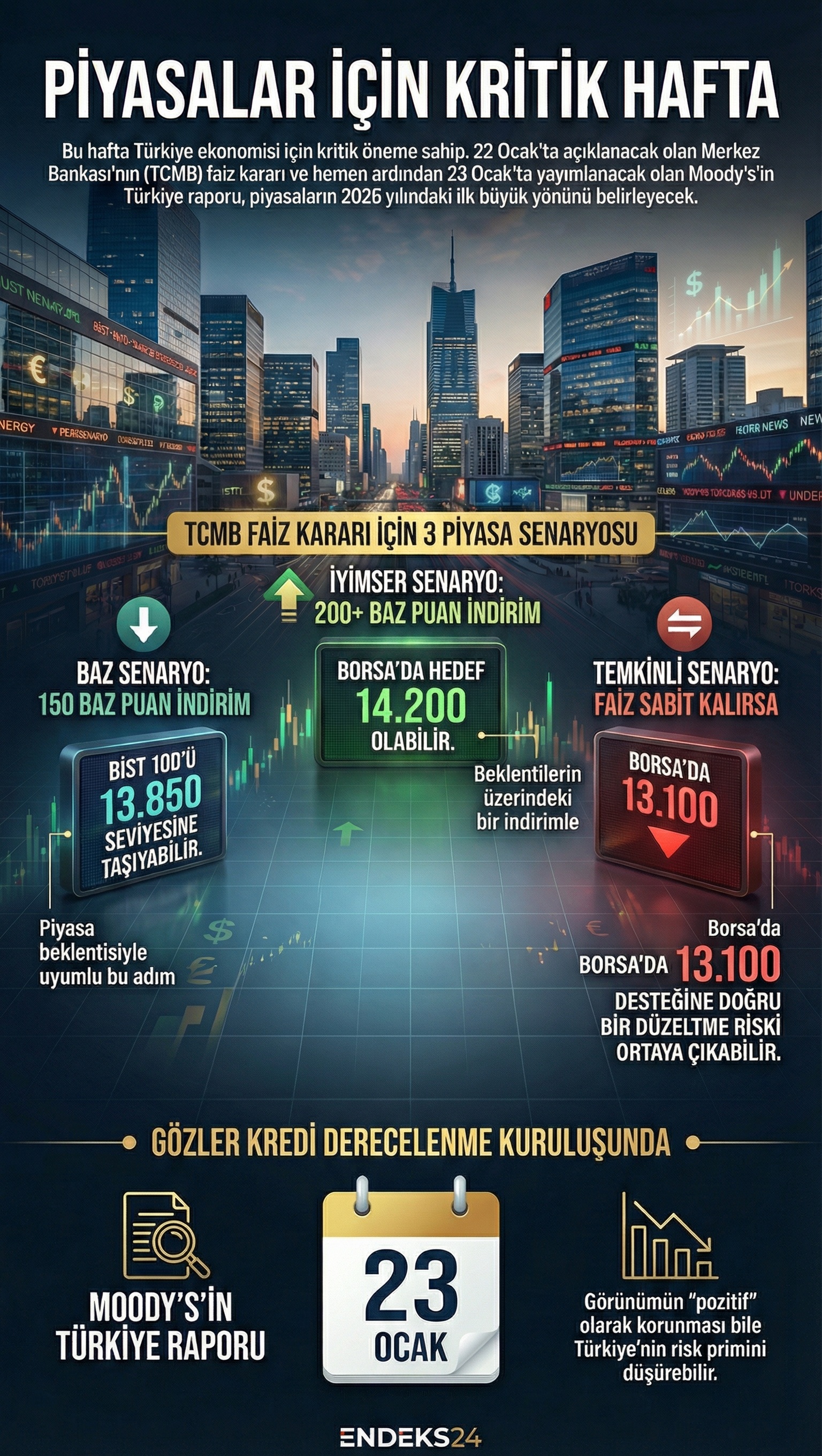TCMB faiz kararı ve Moody’s Türkiye raporu öncesi Borsa İstanbul için piyasa senaryoları infografiği